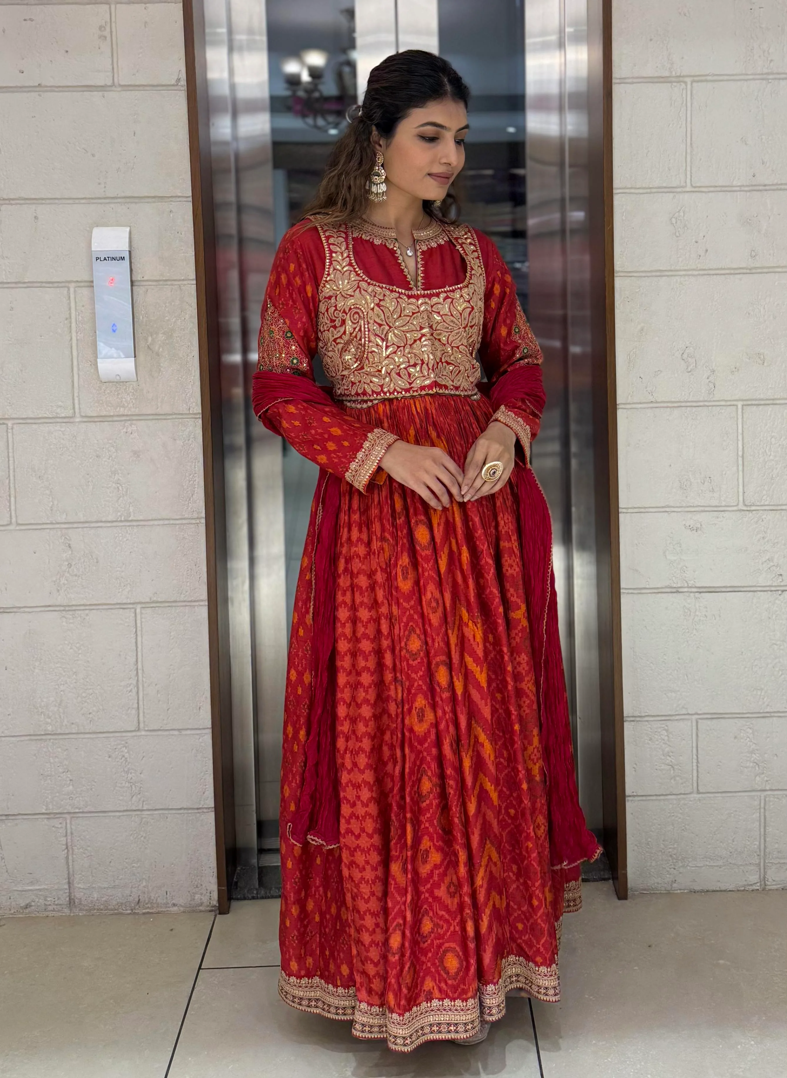 Handcrafted Ikat Silk Anarkali Set with Zari Embroidered Yoke – Available in - Image 4