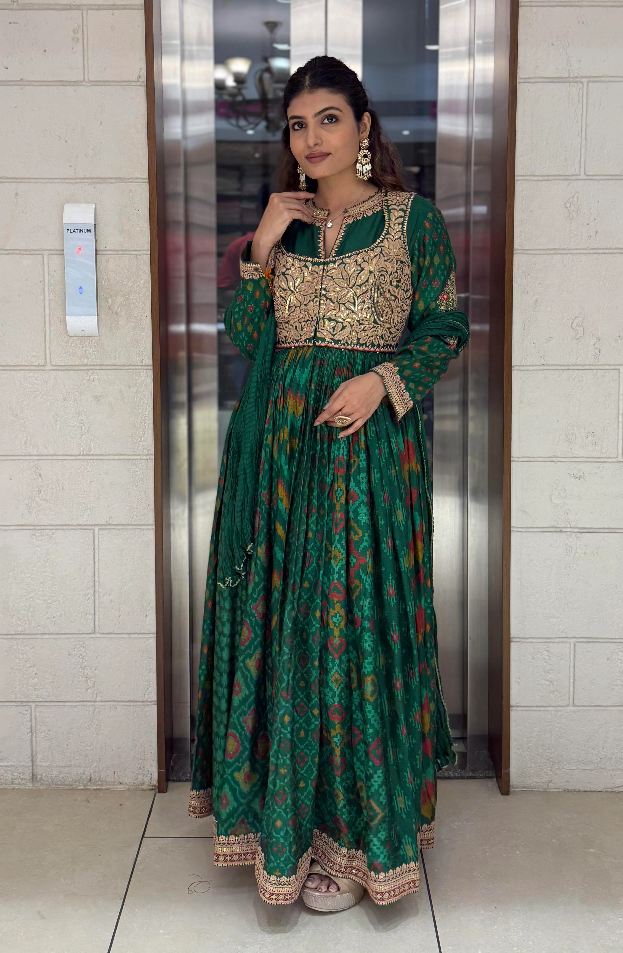 Handcrafted Ikat Silk Anarkali Set with Zari Embroidered Yoke – Available in - Image 5