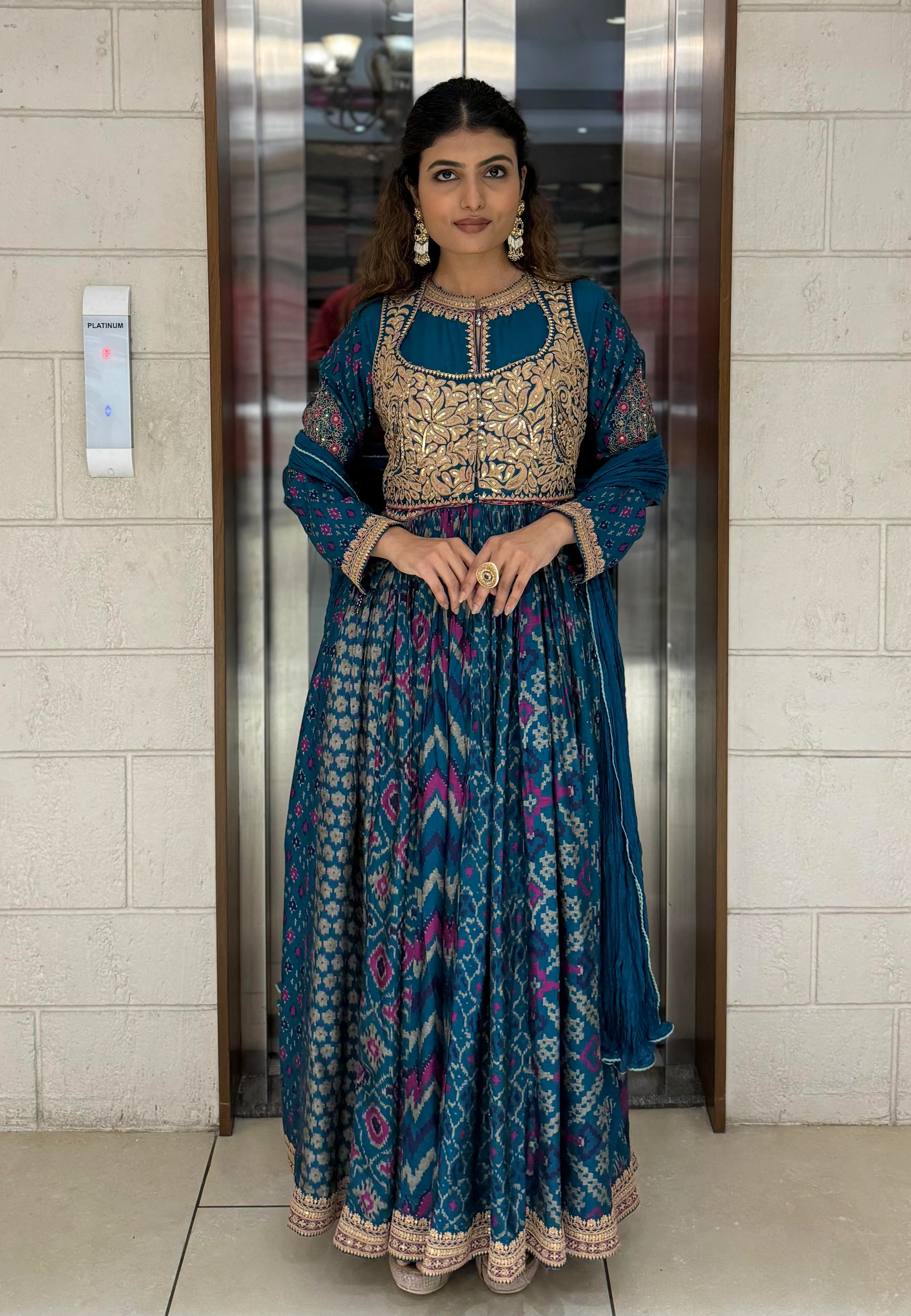 Handcrafted Ikat Silk Anarkali Set with Zari Embroidered Yoke – Available in - Image 6