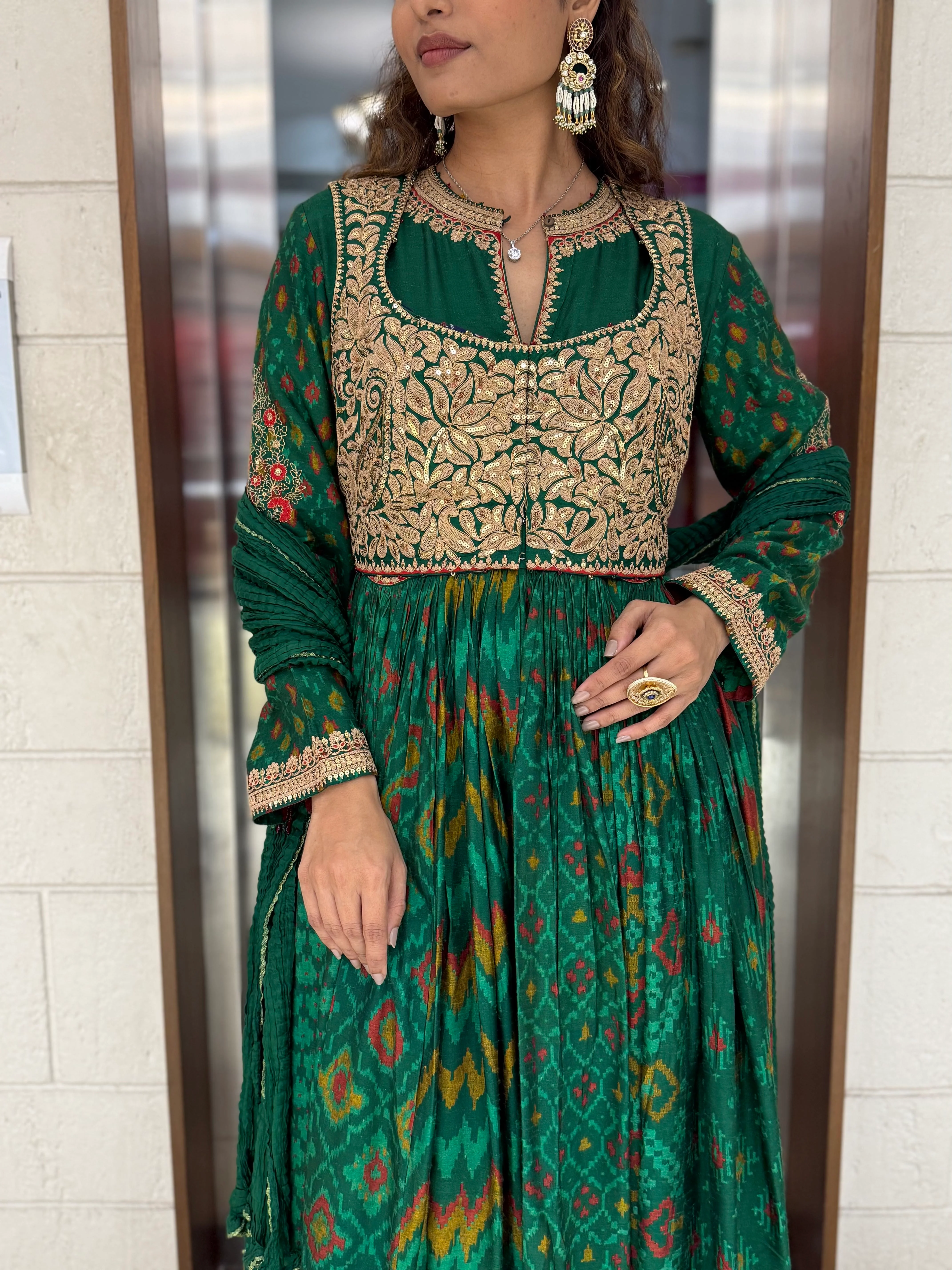Handcrafted Ikat Silk Anarkali Set with Zari Embroidered Yoke – Available in - Image 7