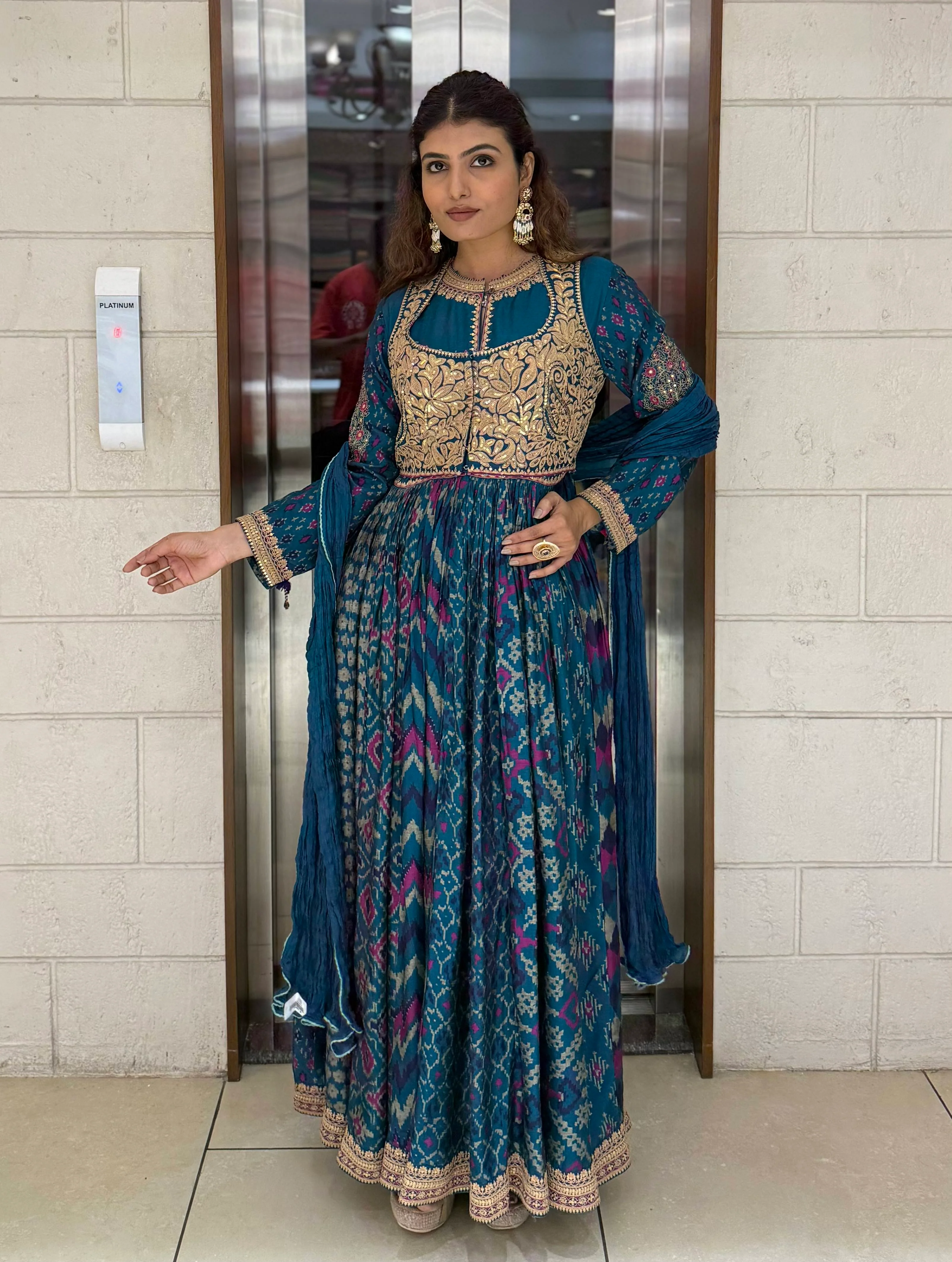 Handcrafted Ikat Silk Anarkali Set with Zari Embroidered Yoke – Available in - Image 8
