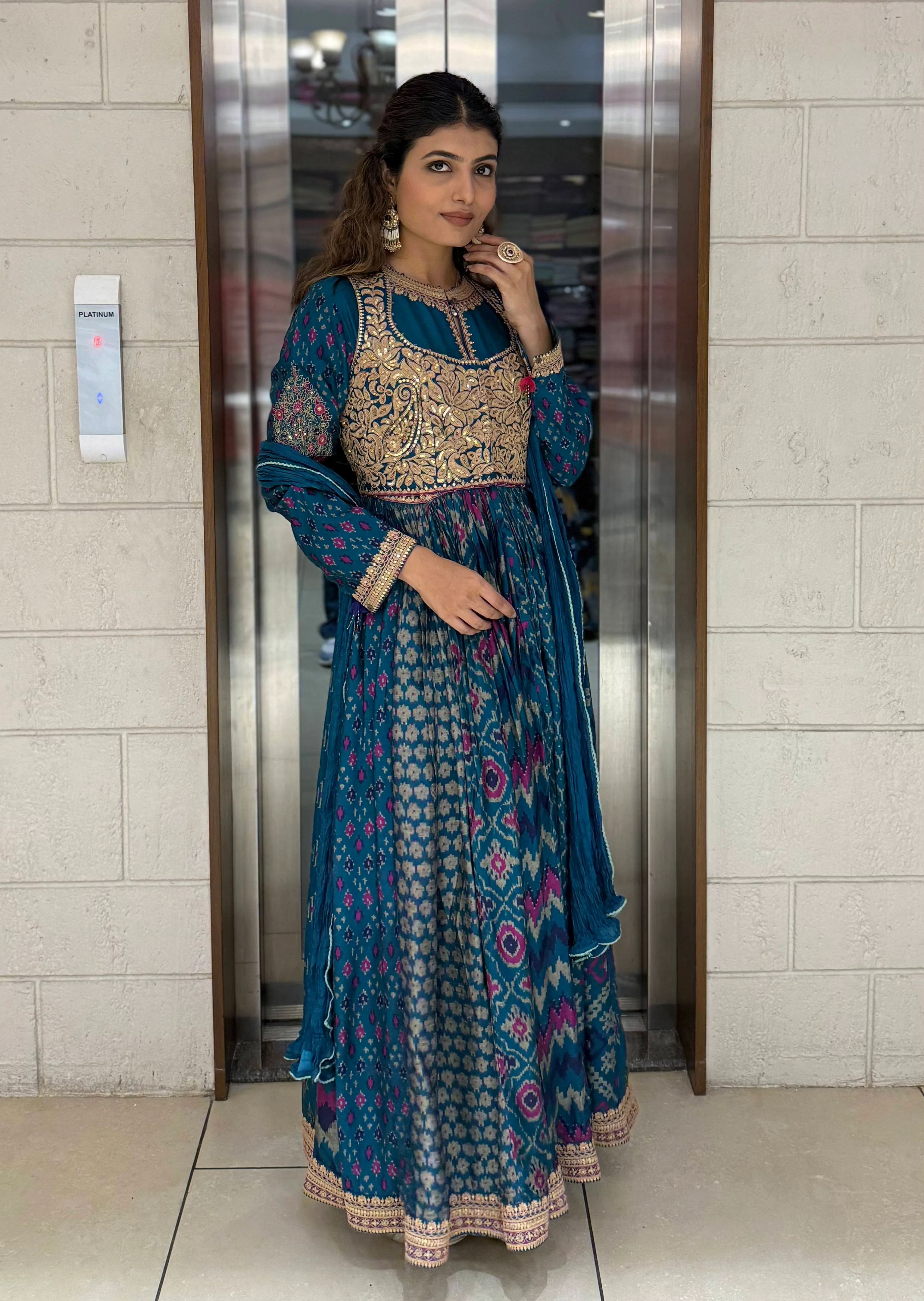 Handcrafted Ikat Silk Anarkali Set with Zari Embroidered Yoke – Available in - Image 9