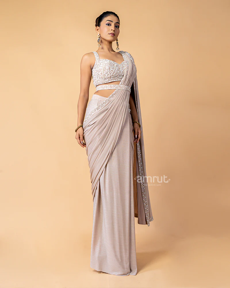 Heavenly Pink Ready-to-Wear saree with Embroidered Blouse - Image 3