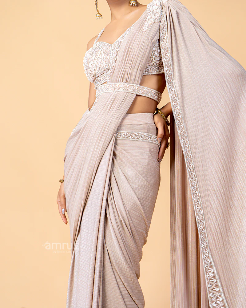 Heavenly Pink Ready-to-Wear saree with Embroidered Blouse - Image 4