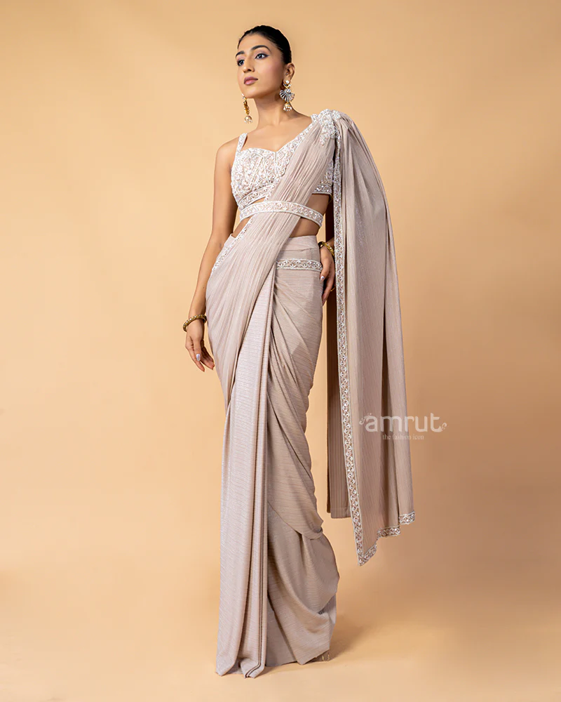Heavenly Pink Ready-to-Wear saree with Embroidered Blouse - Image 5