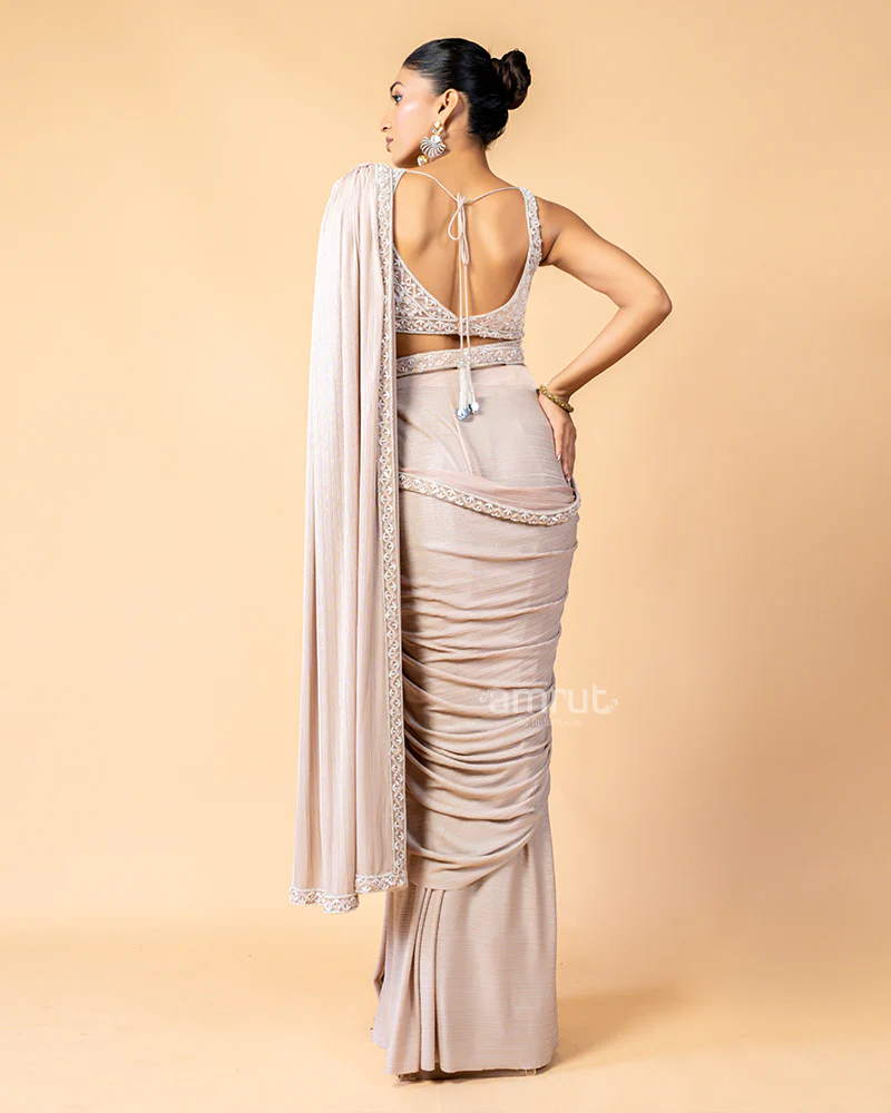 Heavenly Pink Ready-to-Wear saree with Embroidered Blouse - Image 6