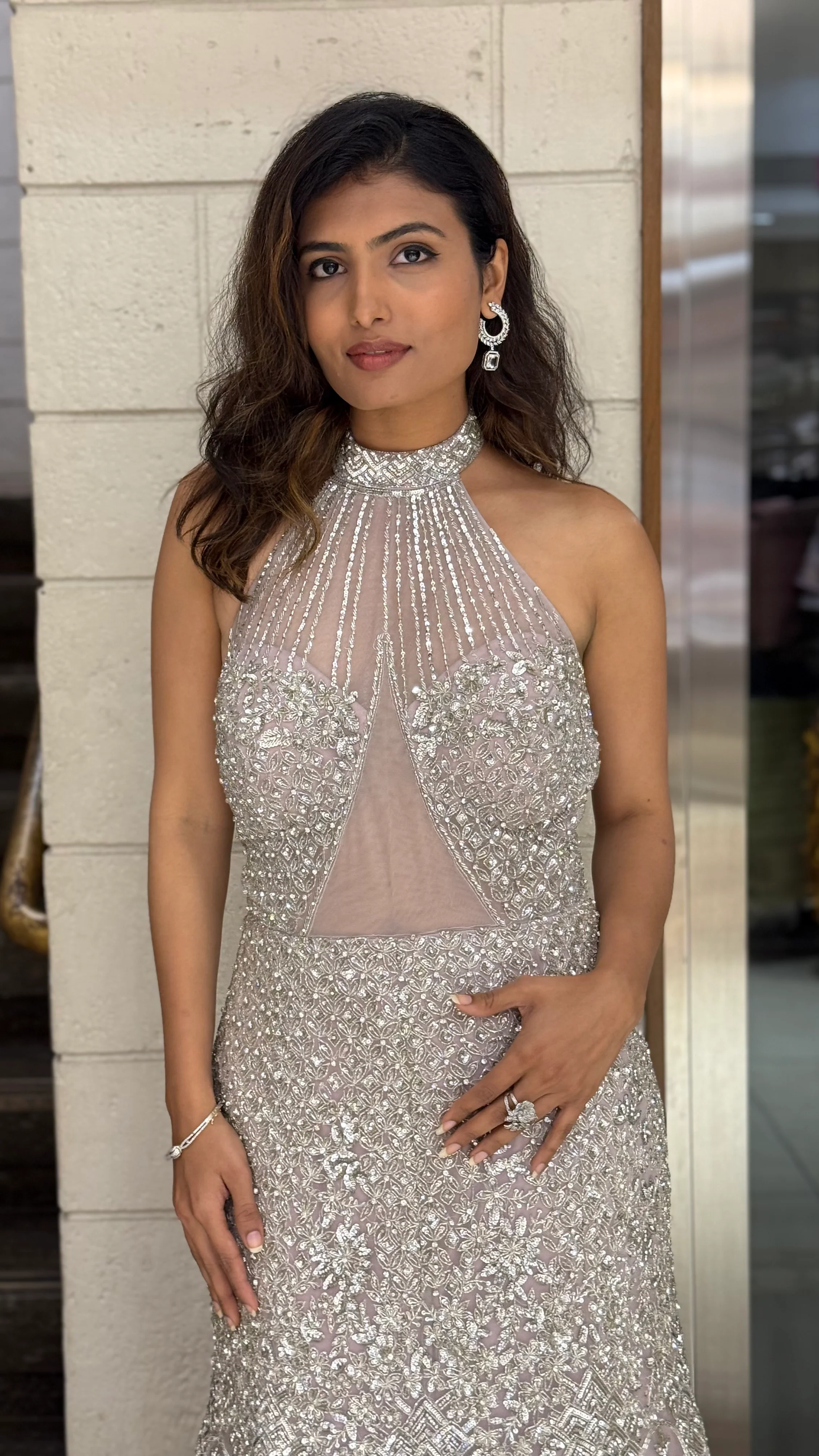 Silver Heavily Embellished Designer Halter-Neck Evening Gown - Image 4