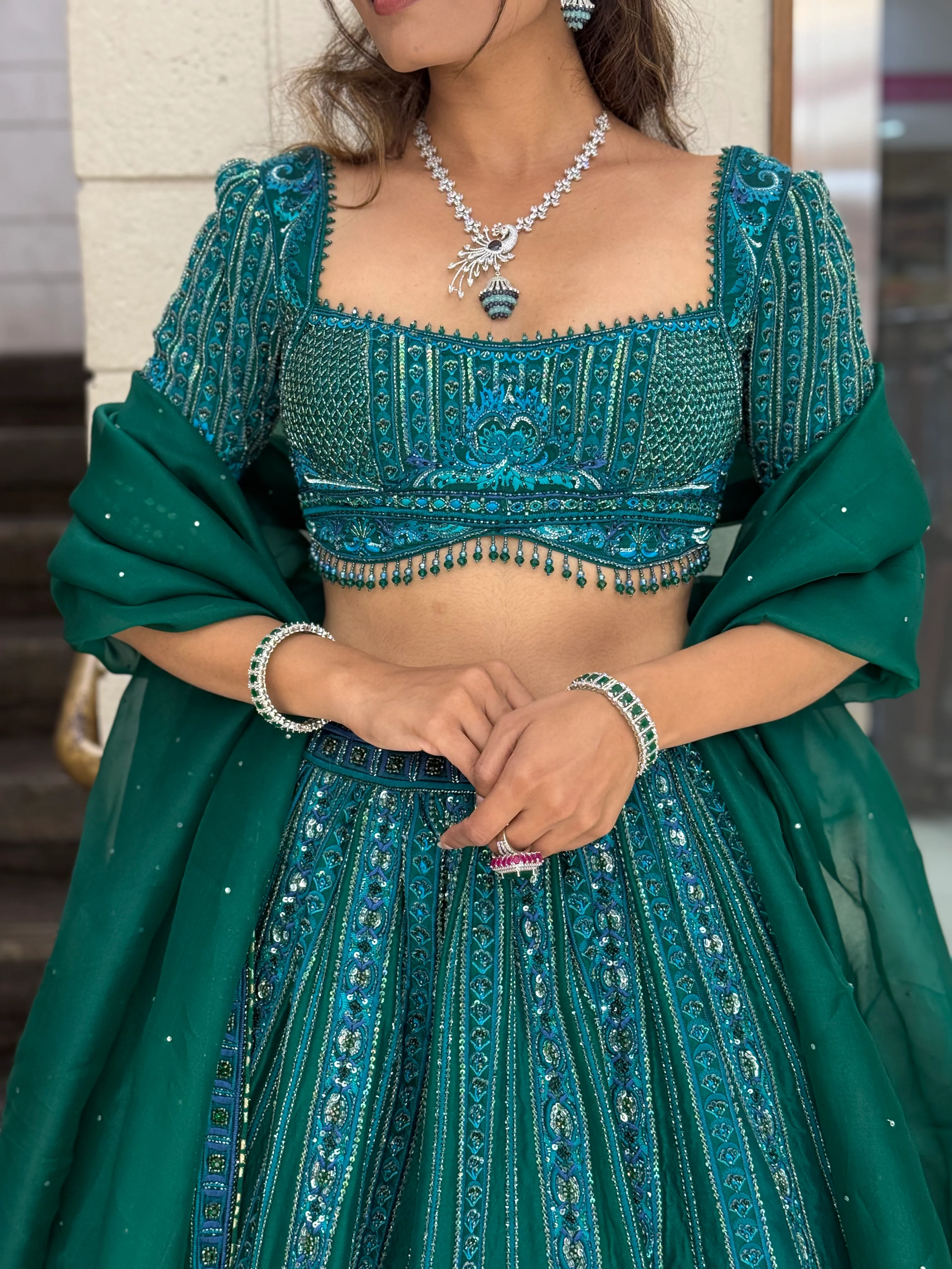 Green Heavy Embroidered Designer Lehenga Choli with Dupatta - Image 2