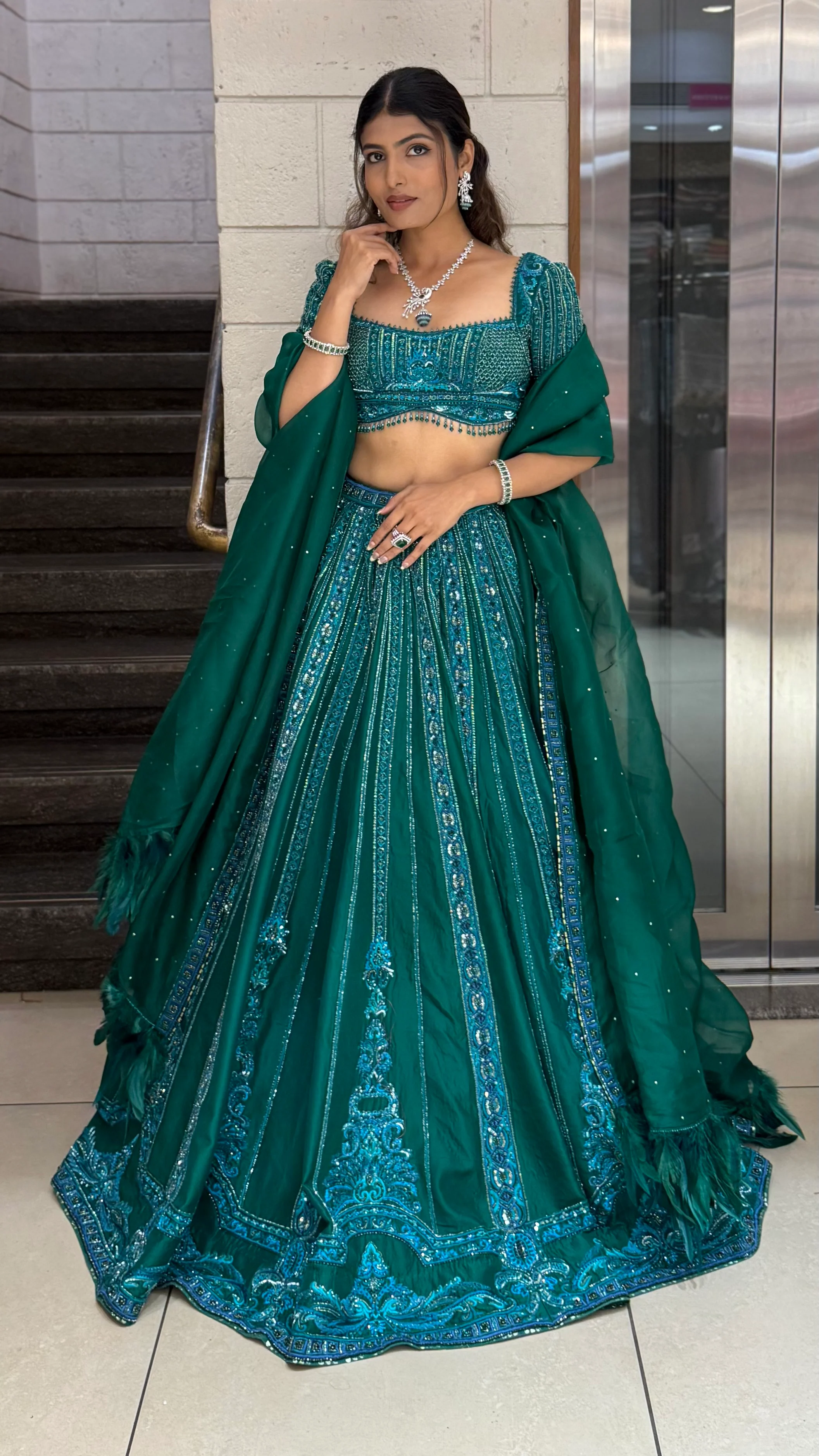 Green Heavy Embroidered Designer Lehenga Choli with Dupatta - Image 3