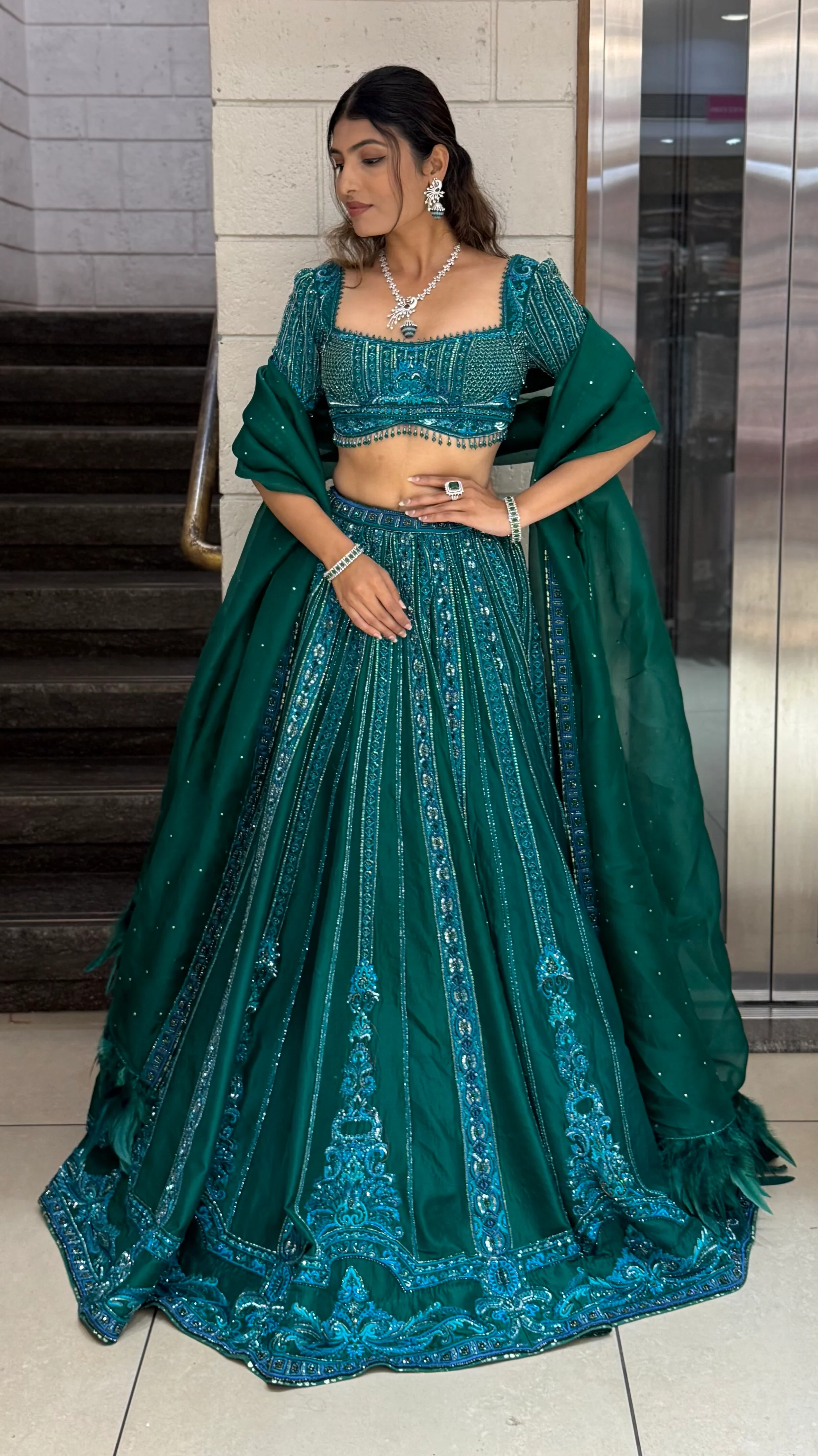 Green Heavy Embroidered Designer Lehenga Choli with Dupatta - Image 4