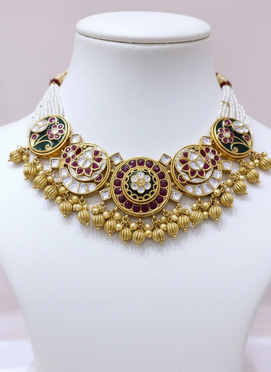 Heritage Kundan Enamel Necklace Set with Pearl Strands & Meenakari Motifs - Image 2