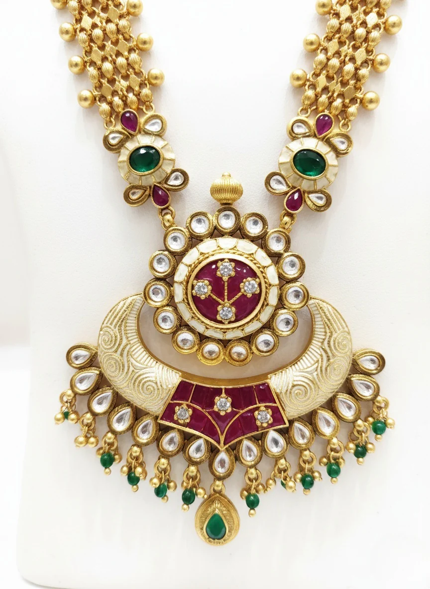 Heritage Kundan Temple Necklace with Ruby, Emerald & Pearl Detailing - Image 3