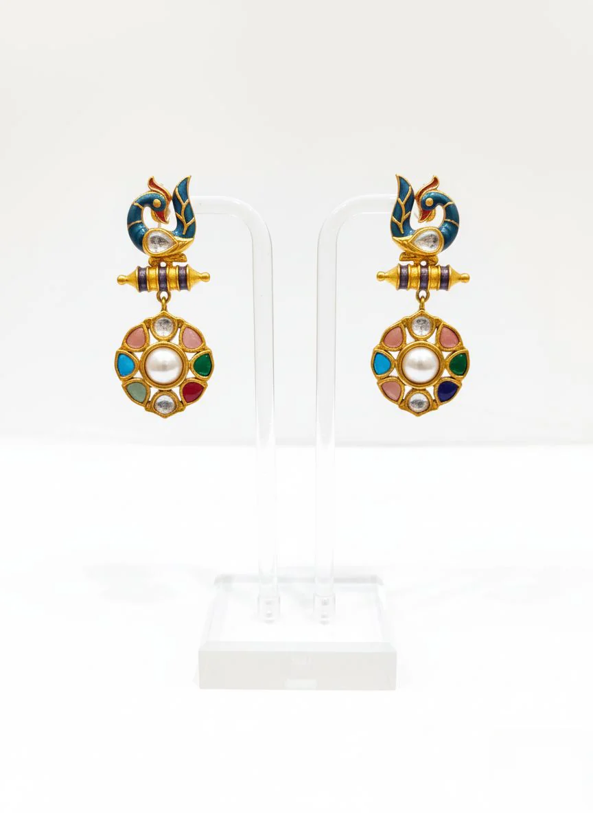Heritage Meenakari and Kundan Long Necklace Set with Peacock Motif & Yellow Stone Drop - Image 2