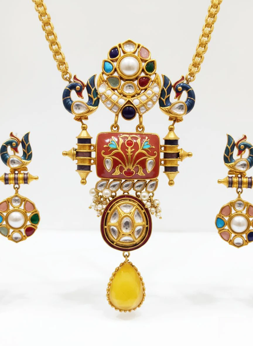 Heritage Meenakari and Kundan Long Necklace Set with Peacock Motif & Yellow Stone Drop - Image 3