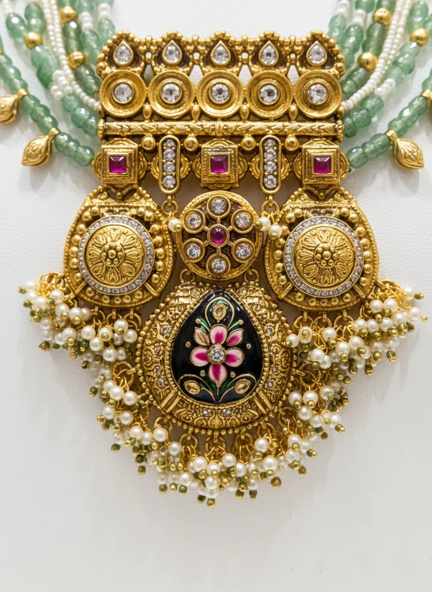 Heritage Temple Kundan Necklace Set with Green Beads & Meenakari Pendant - Image 3