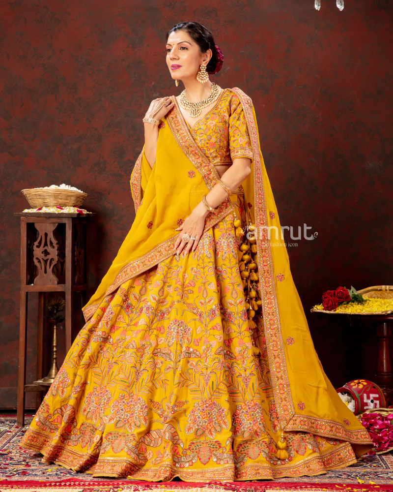 Honey Yellow Floral Hand Embroidered Lehenga Set - Image 3