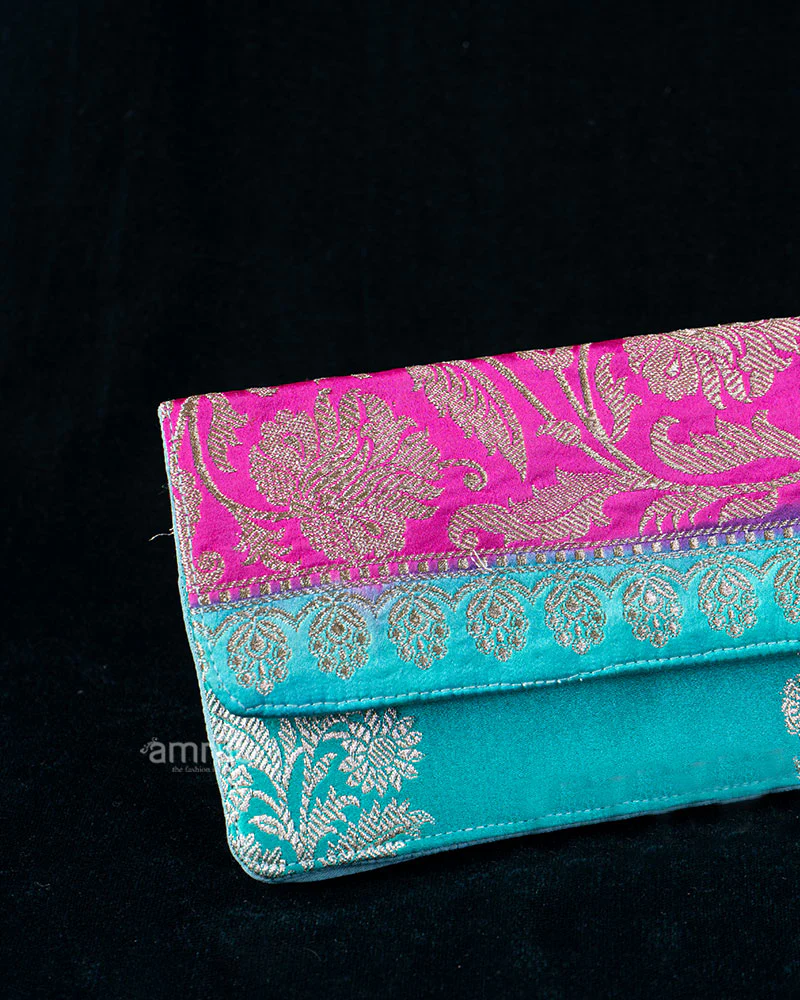 Hot Pink and Turquoise Silk Clutch with Intricate Golden Embroidery - Image 2