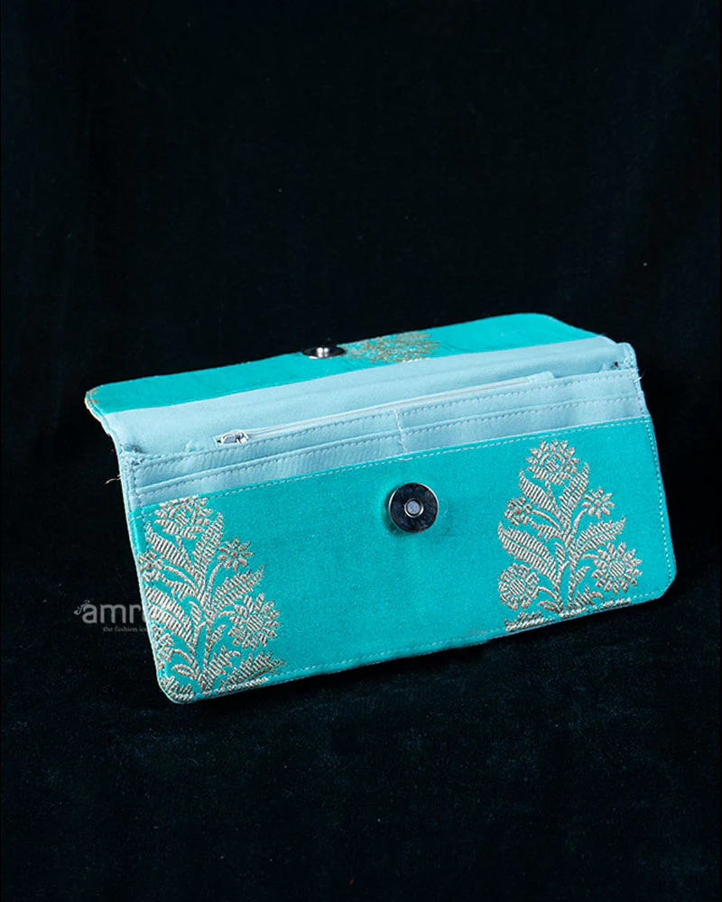 Hot Pink and Turquoise Silk Clutch with Intricate Golden Embroidery - Image 3