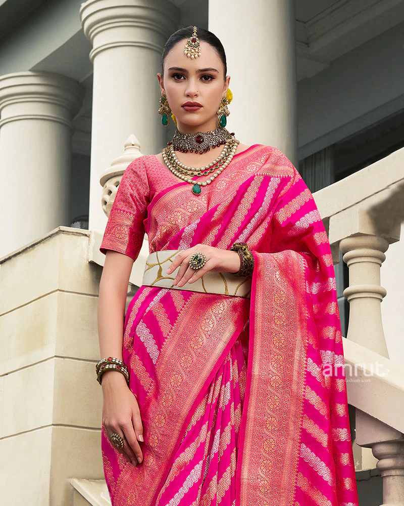 Hot Pink Banarasi Silk Saree with Zari Weaving and Unstitched Blouse - Image 2