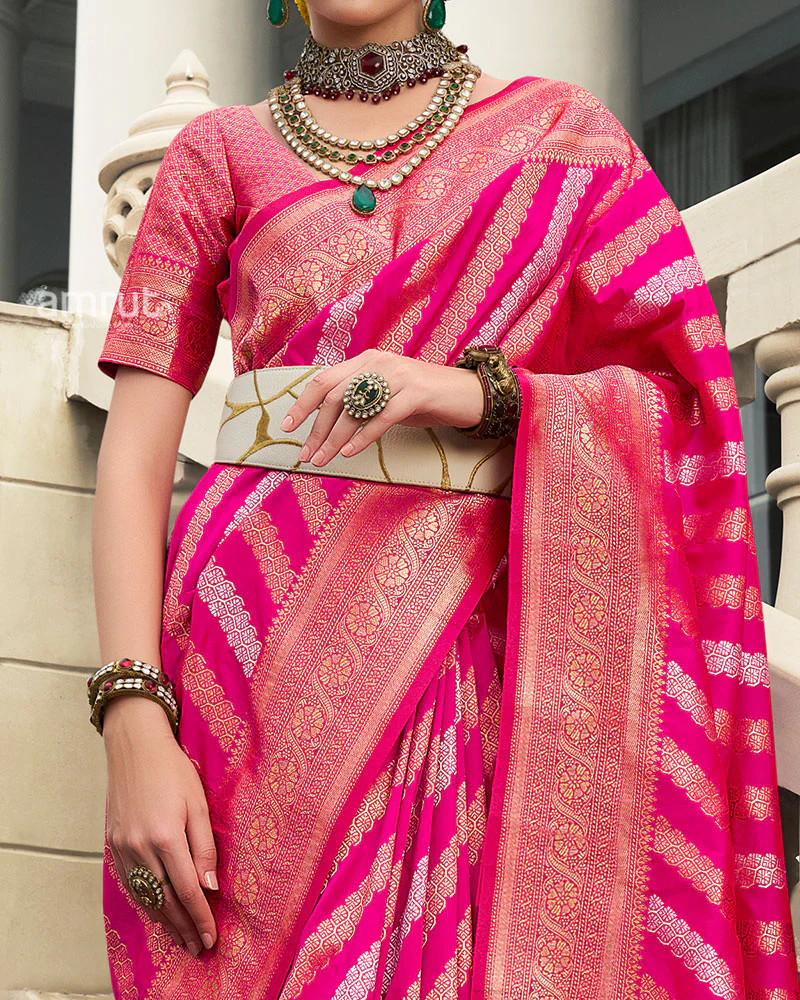 Hot Pink Banarasi Silk Saree with Zari Weaving and Unstitched Blouse - Image 3