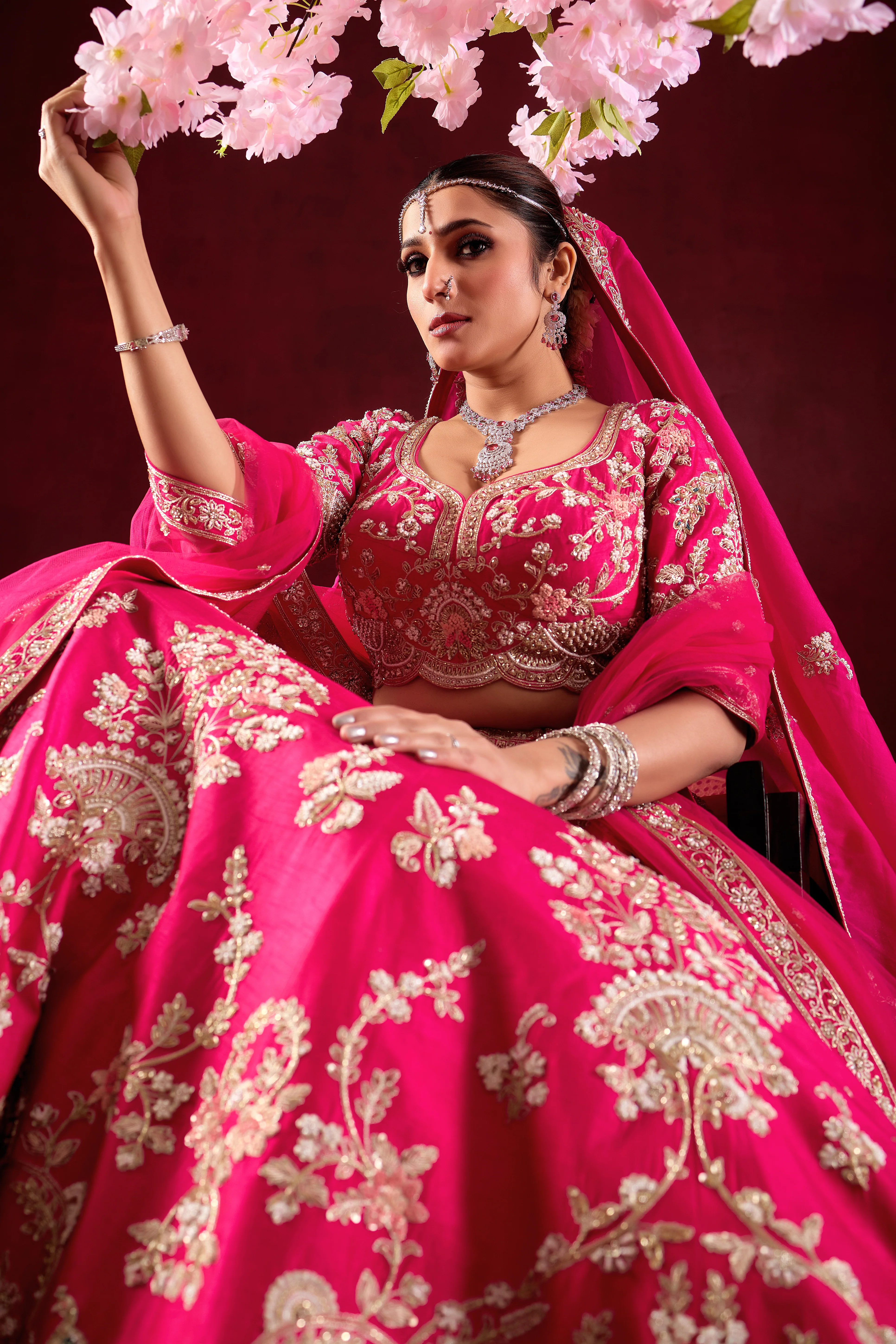 Hot Pink Bridal Lehenga Set with Embroidered Dupatta - Image 2