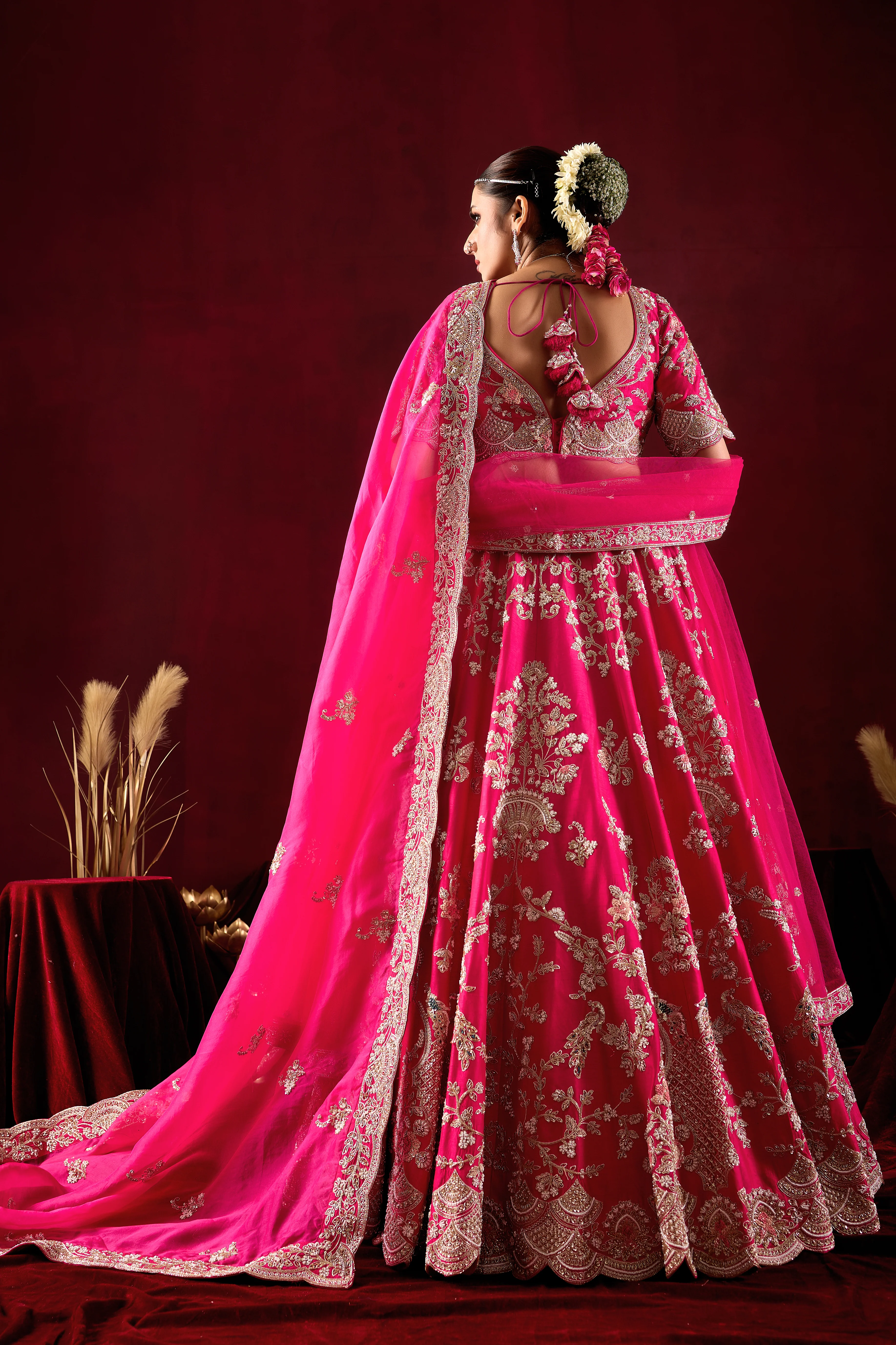 Hot Pink Bridal Lehenga Set with Embroidered Dupatta - Image 3