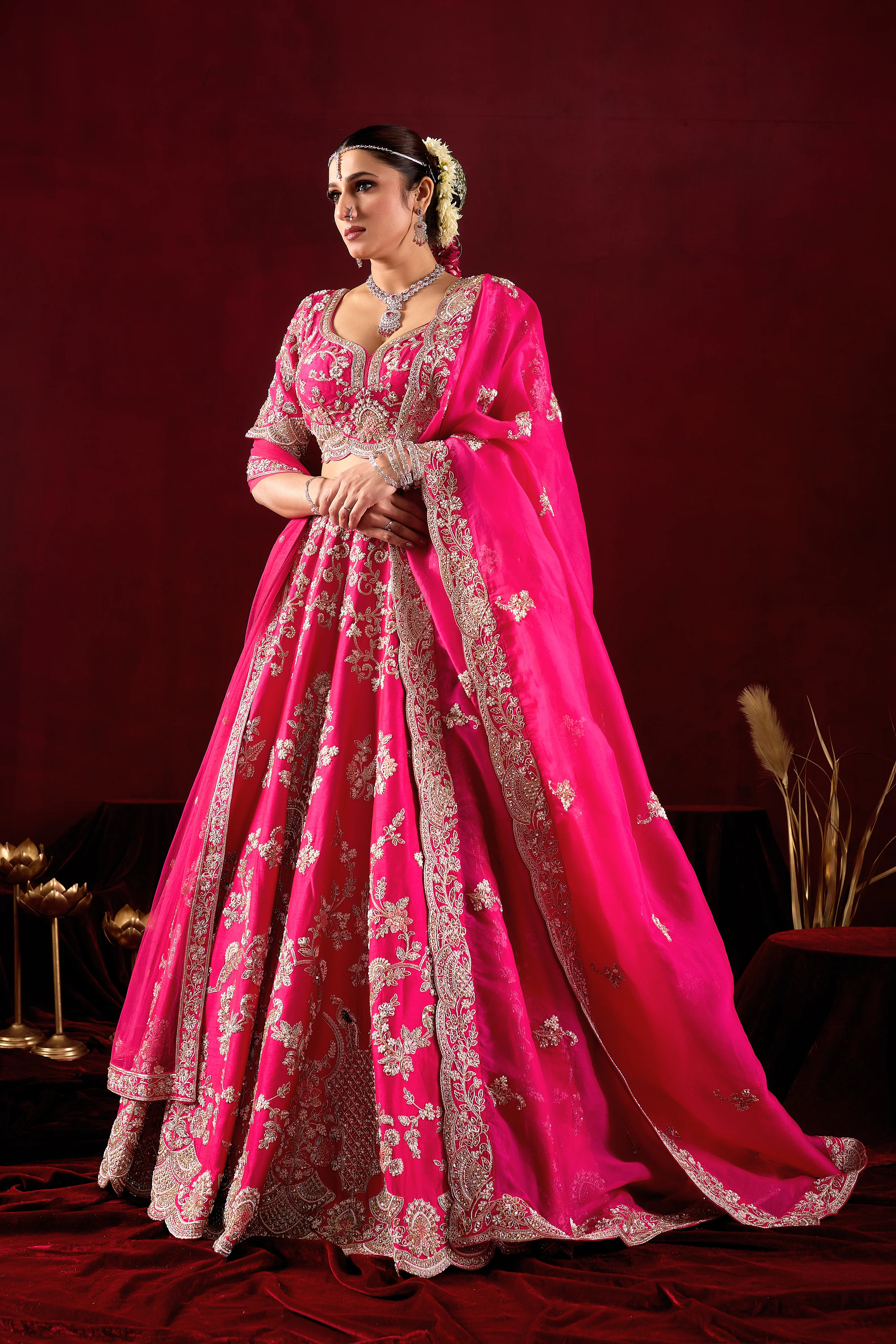 Hot Pink Bridal Lehenga Set with Embroidered Dupatta - Image 4