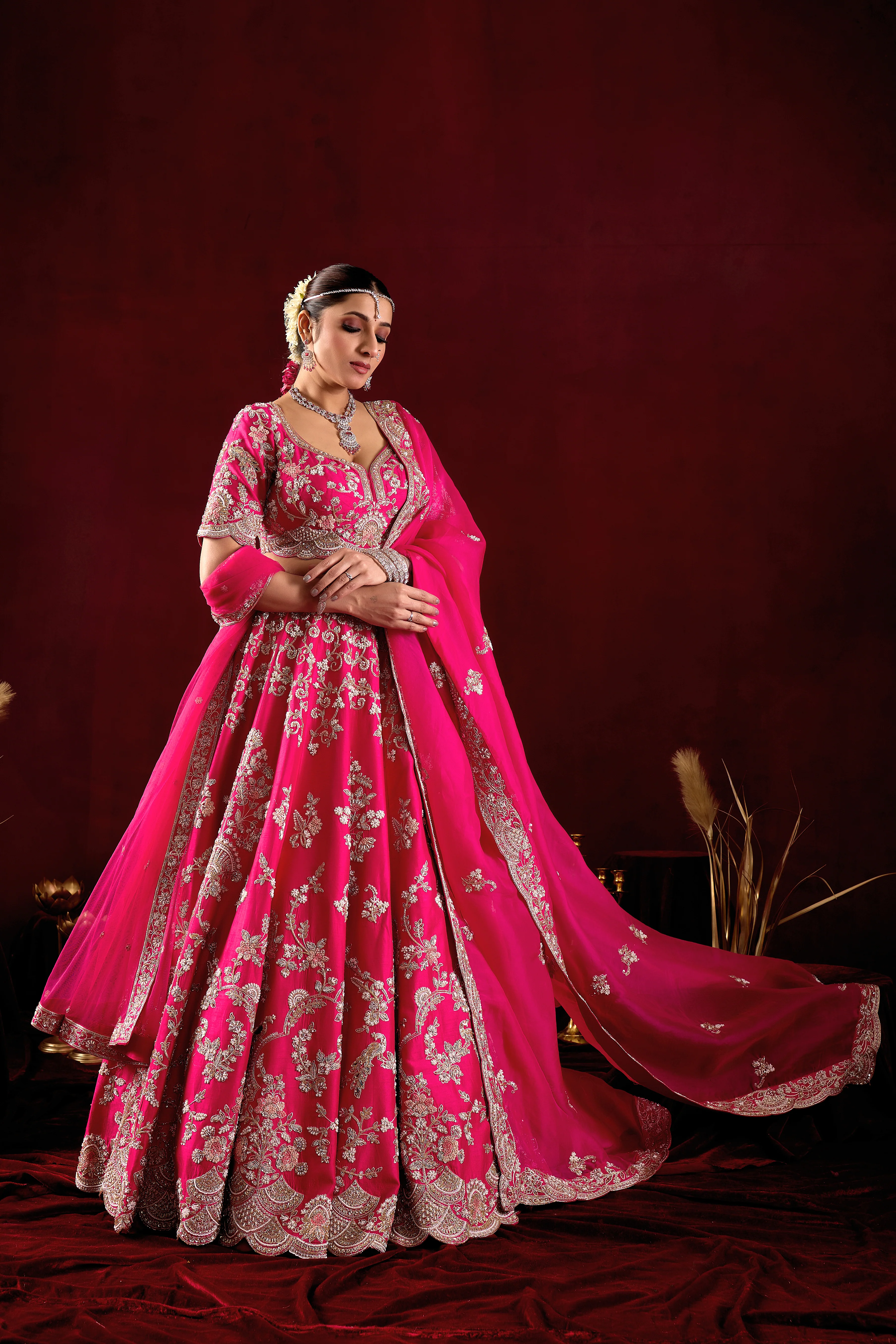Hot Pink Bridal Lehenga Set with Embroidered Dupatta - Image 5