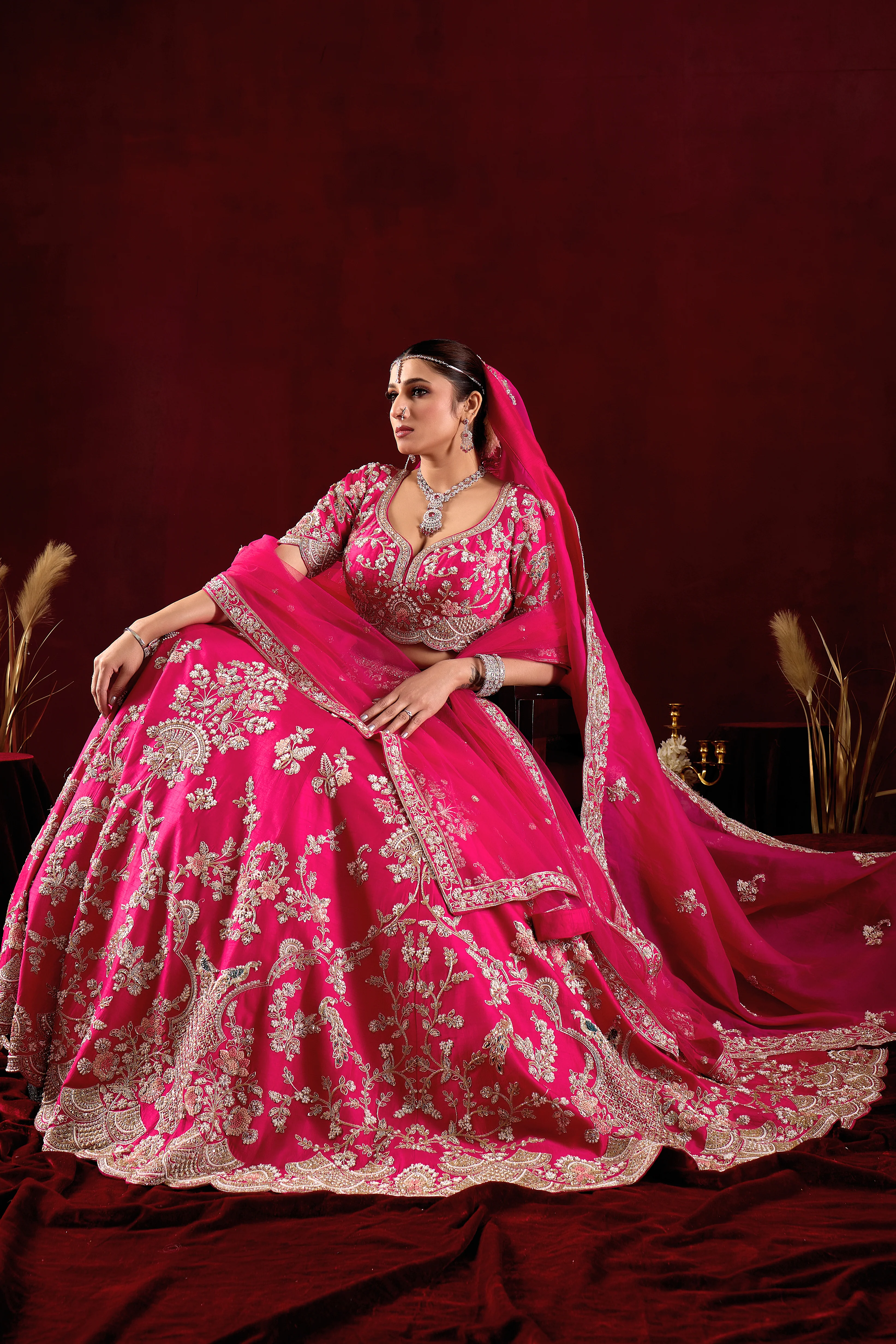 Hot Pink Bridal Lehenga Set with Embroidered Dupatta - Image 6
