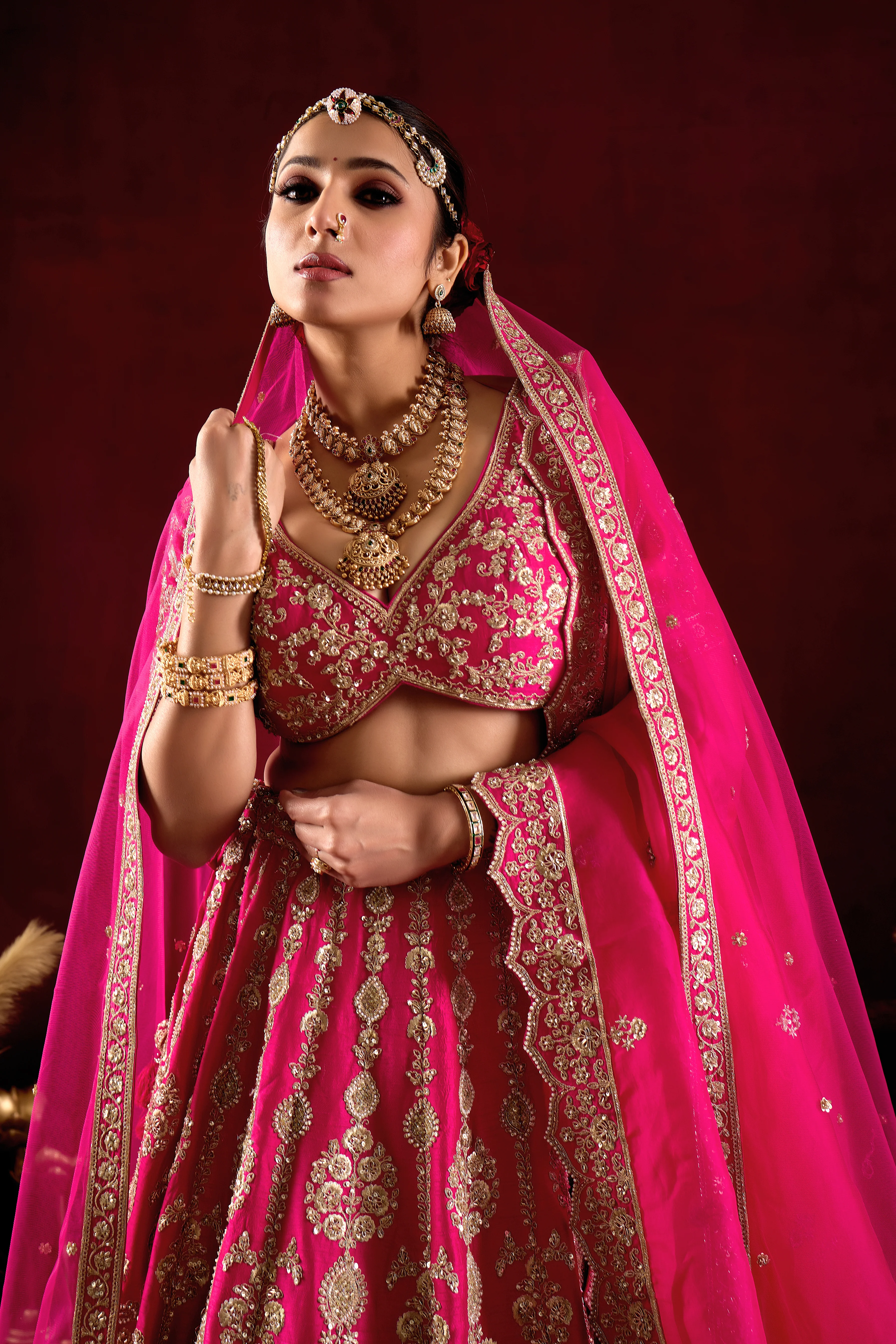 Hot Pink Bridal Lehenga Set with Royal Heavy Embroidery & Long Dupatta - Image 2