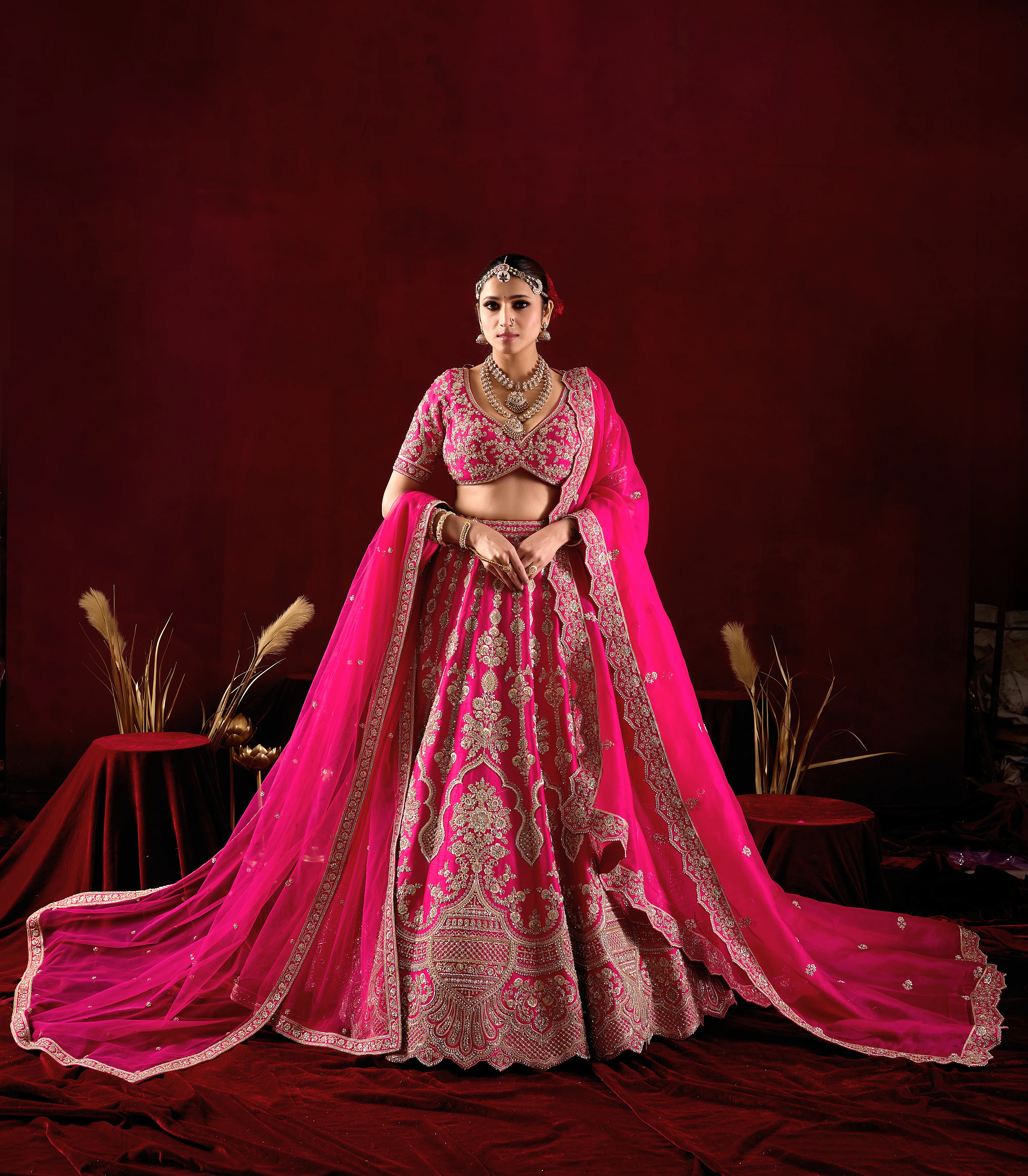 Hot Pink Bridal Lehenga Set with Royal Heavy Embroidery & Long Dupatta - Image 3