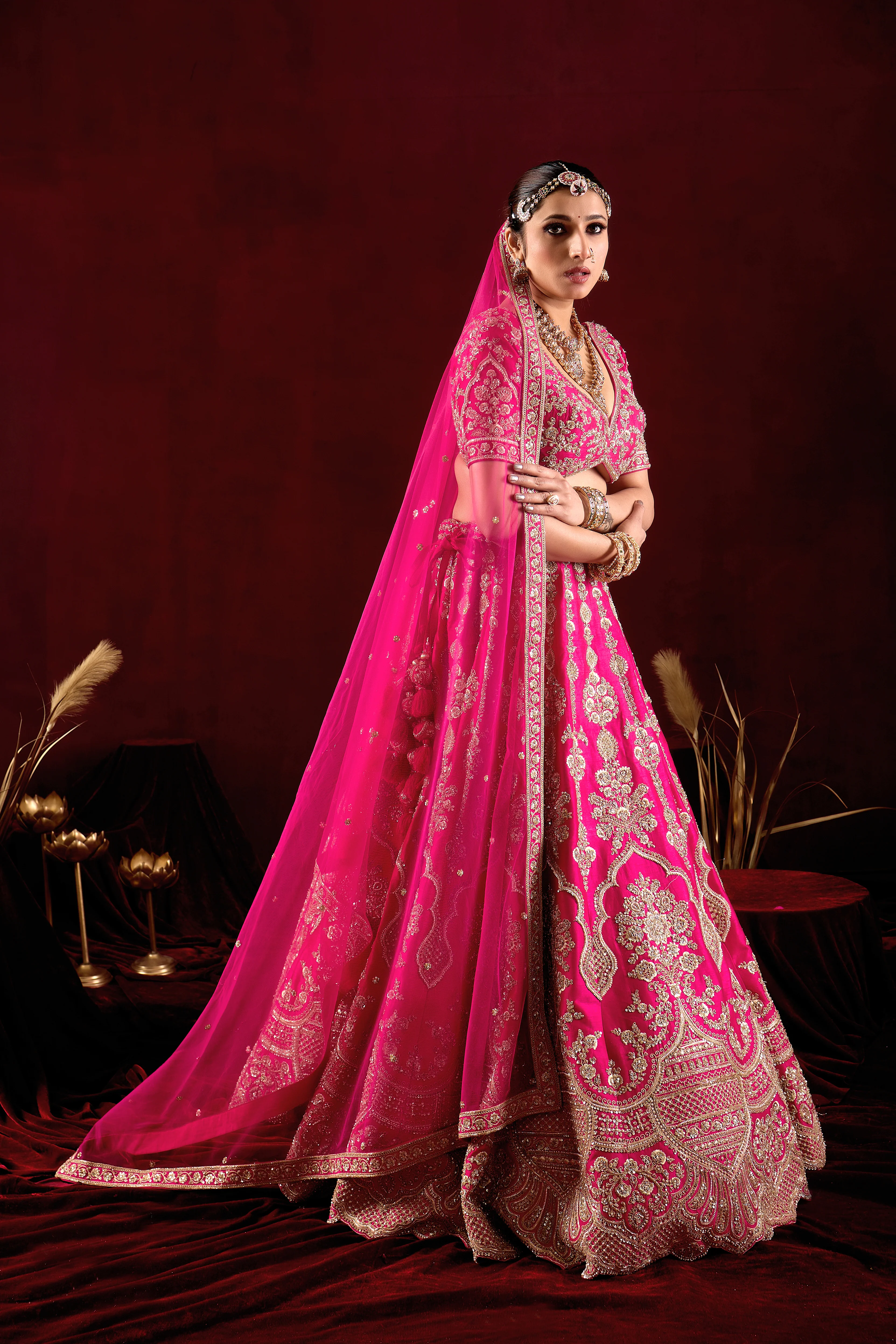 Hot Pink Bridal Lehenga Set with Royal Heavy Embroidery & Long Dupatta - Image 4
