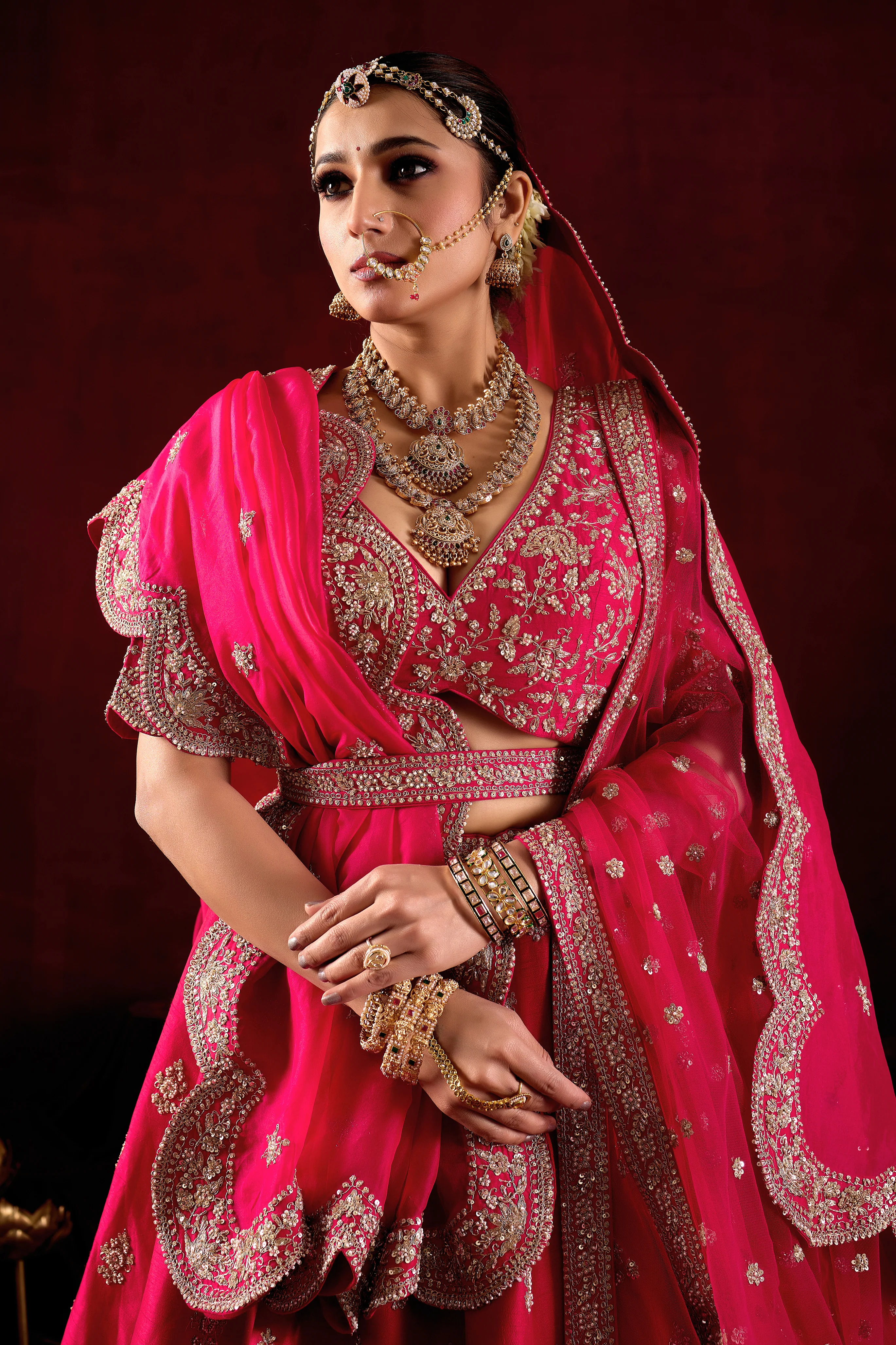 Hot Pink Designer Bridal Lehenga Set with Embroidered Dupatta - Image 2