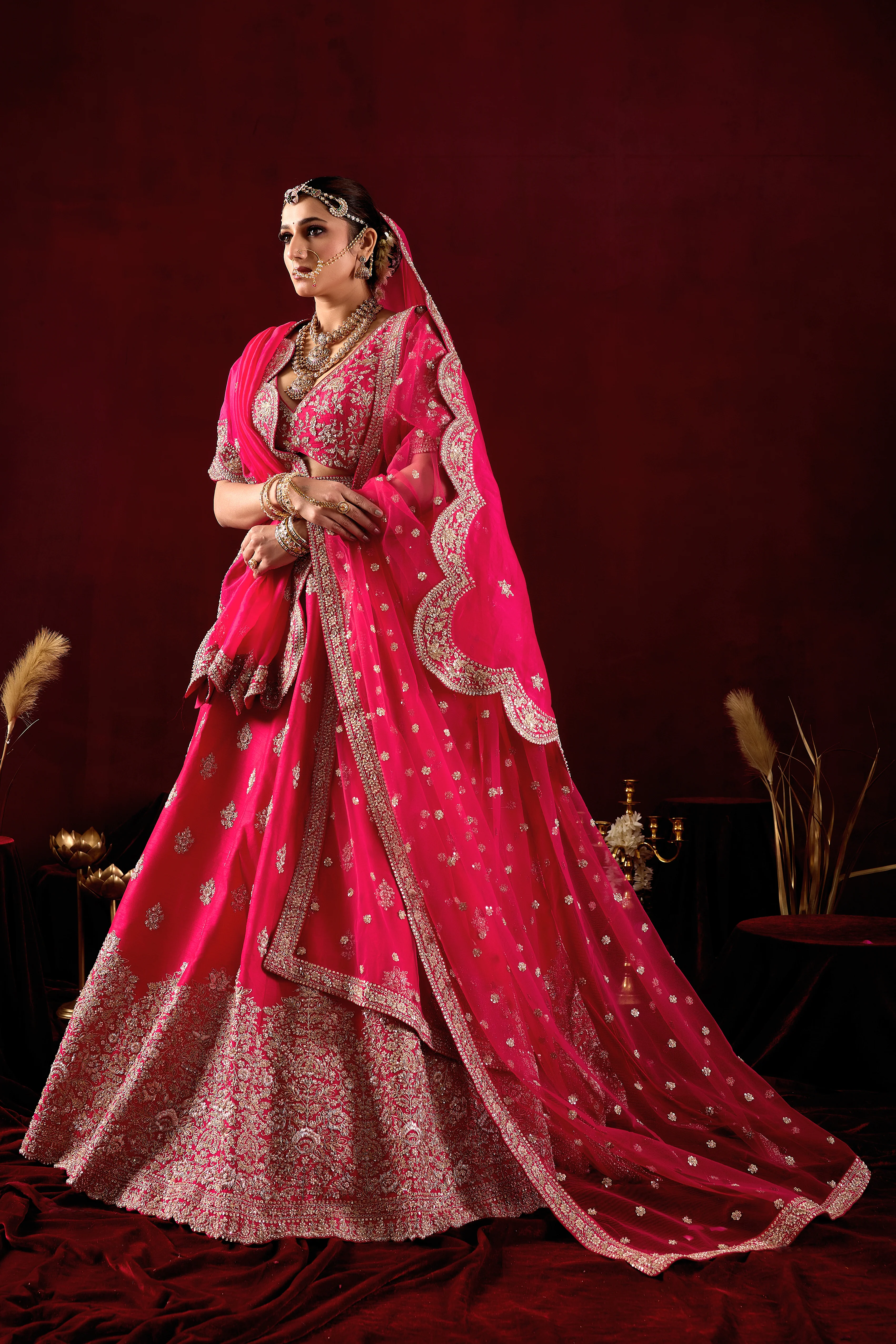 Hot Pink Designer Bridal Lehenga Set with Embroidered Dupatta - Image 4