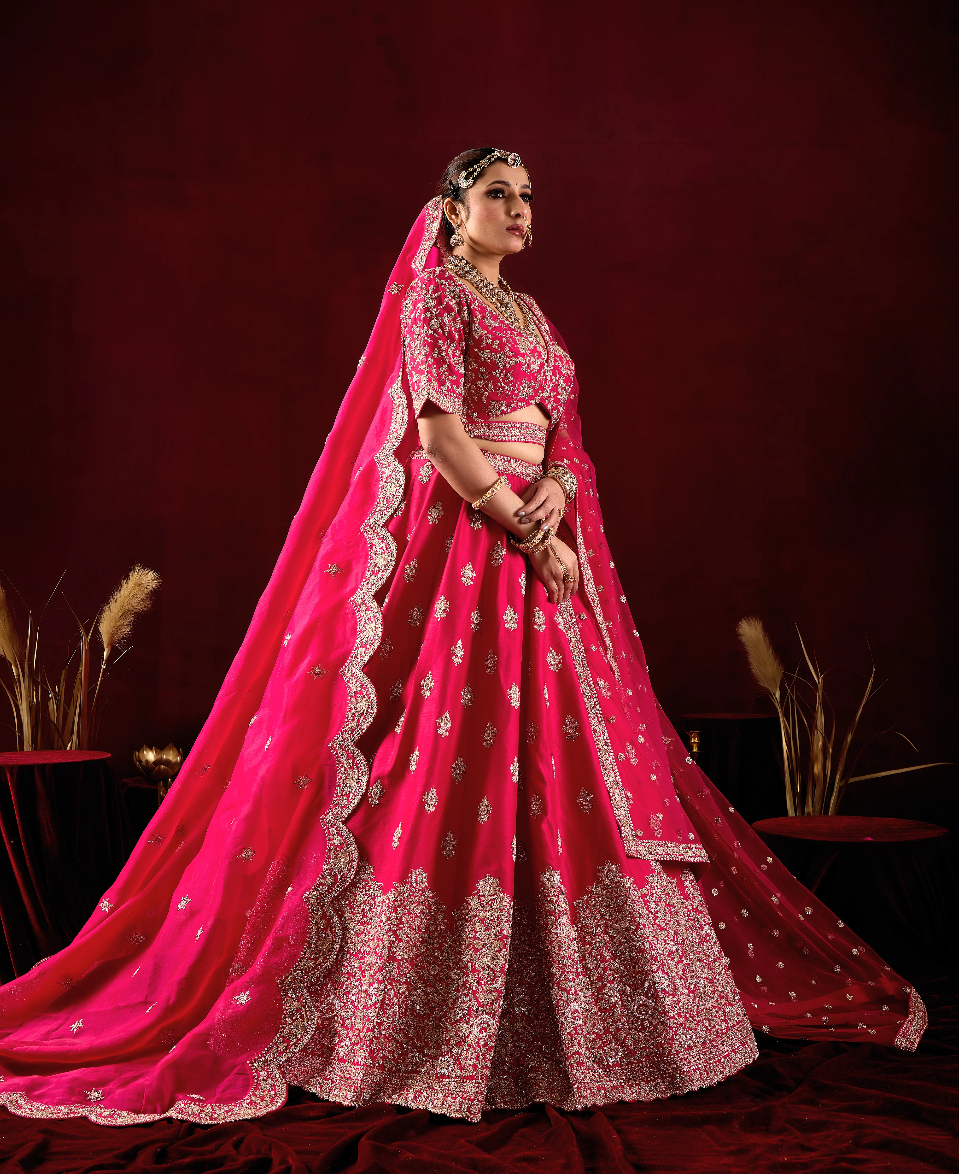 Hot Pink Designer Bridal Lehenga Set with Embroidered Dupatta - Image 5