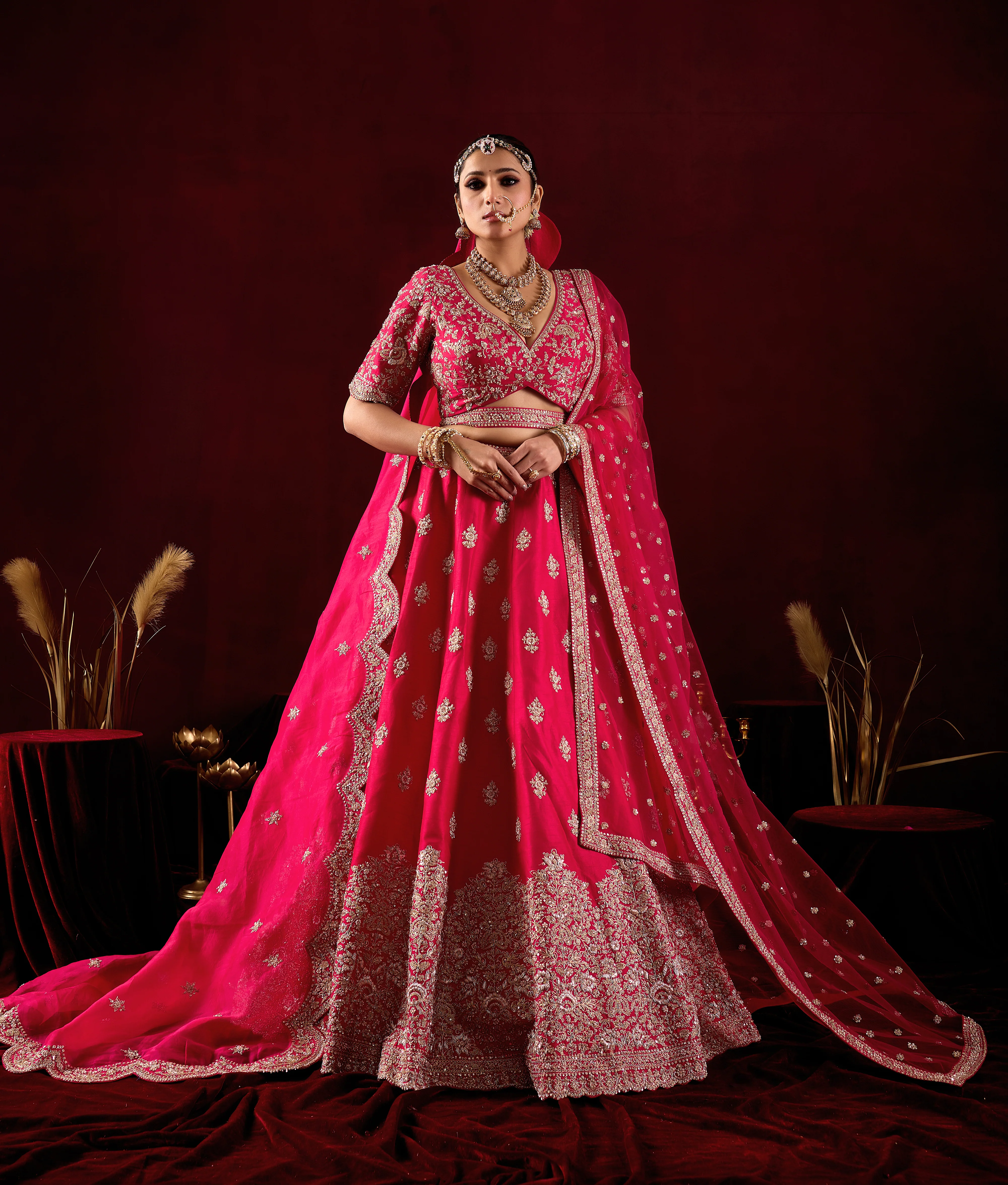 Hot Pink Designer Bridal Lehenga Set with Embroidered Dupatta - Image 6