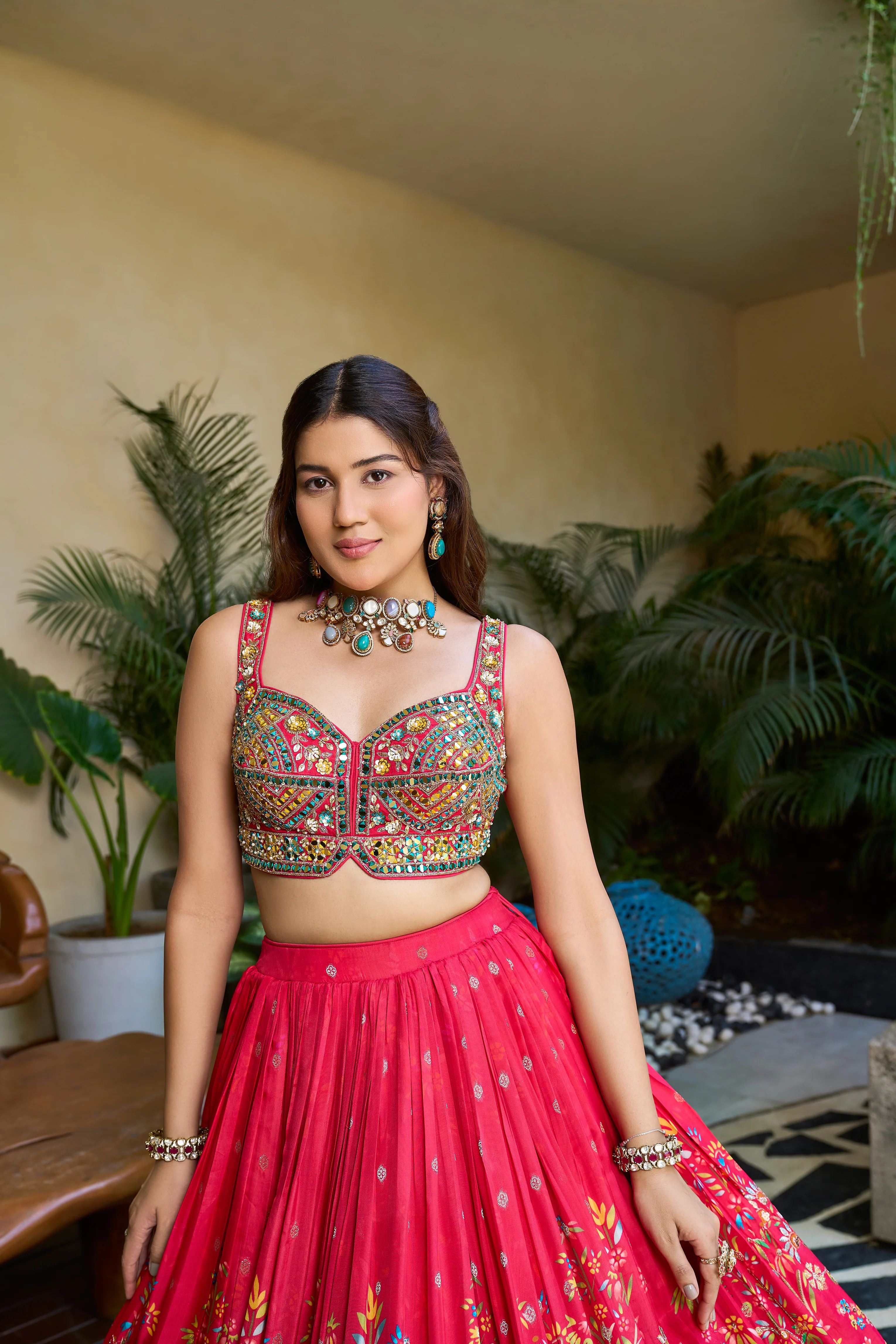 Hot Pink Designer Lehenga Set with Multicolor Mirror Work Blouse & Peacock Print Skirt - Image 2