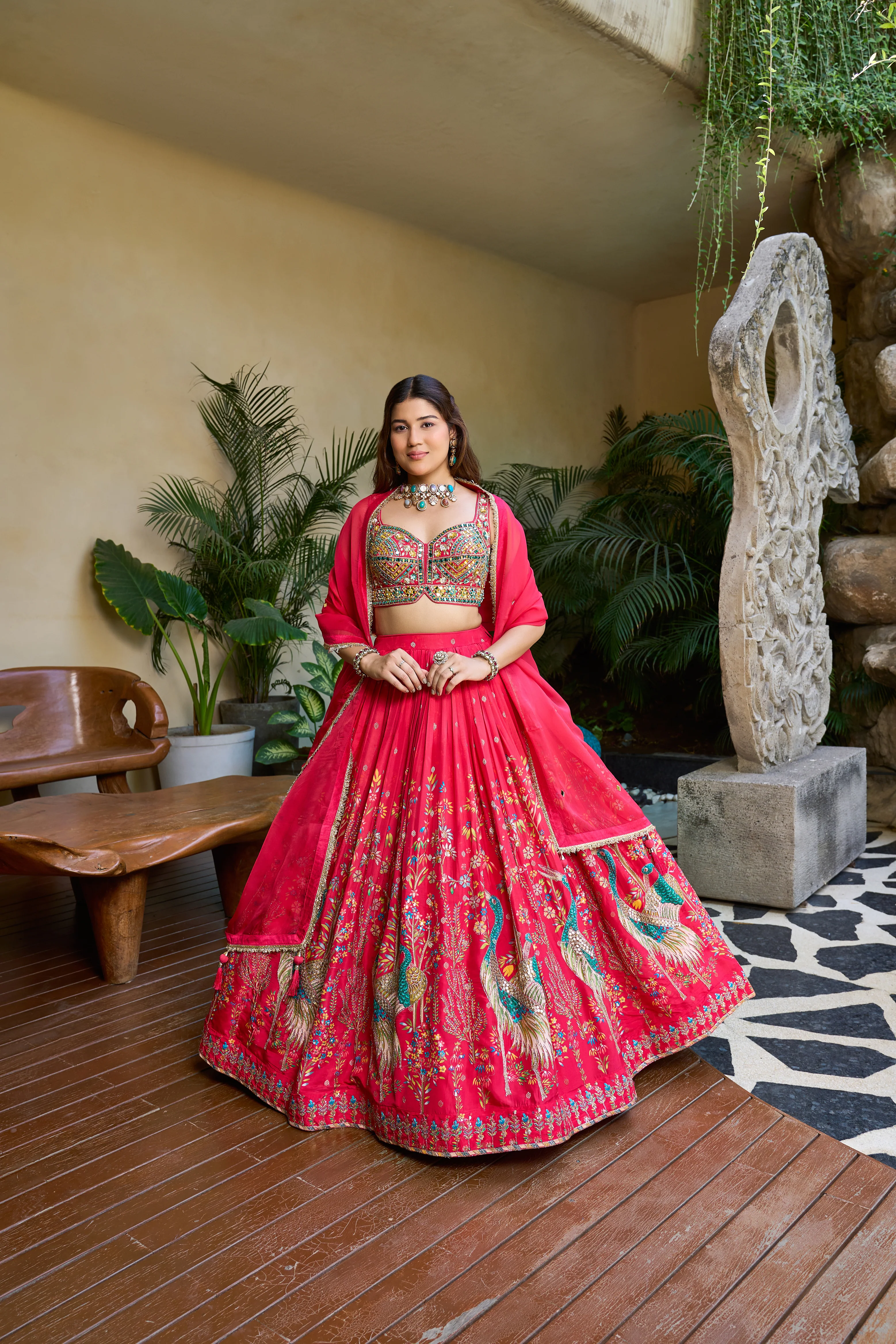 Hot Pink Designer Lehenga Set with Multicolor Mirror Work Blouse & Peacock Print Skirt - Image 3