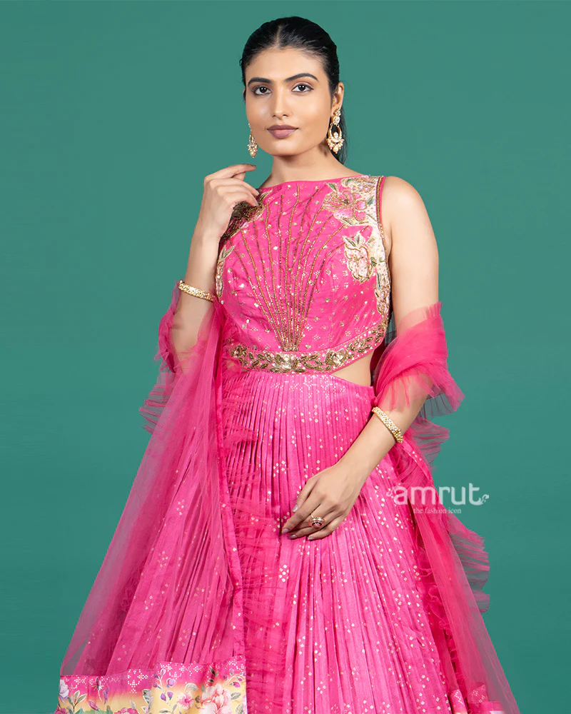 Hot Pink Embroidered Gown with Floral Printed and Dupatta - Image 2