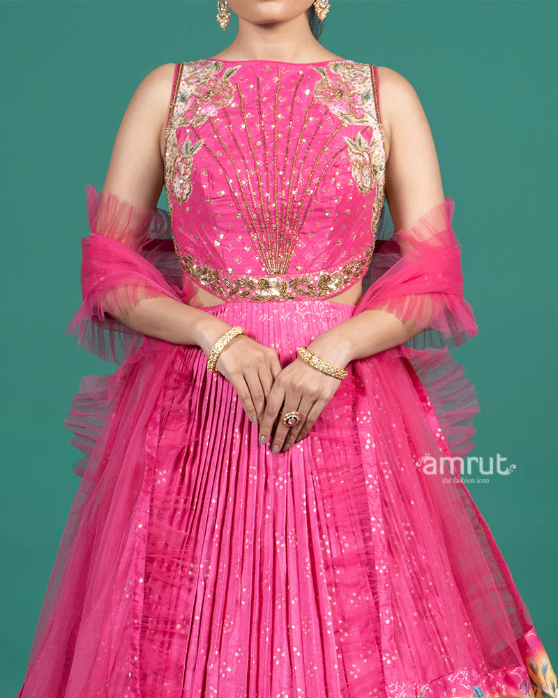 Hot Pink Embroidered Gown with Floral Printed and Dupatta - Image 3