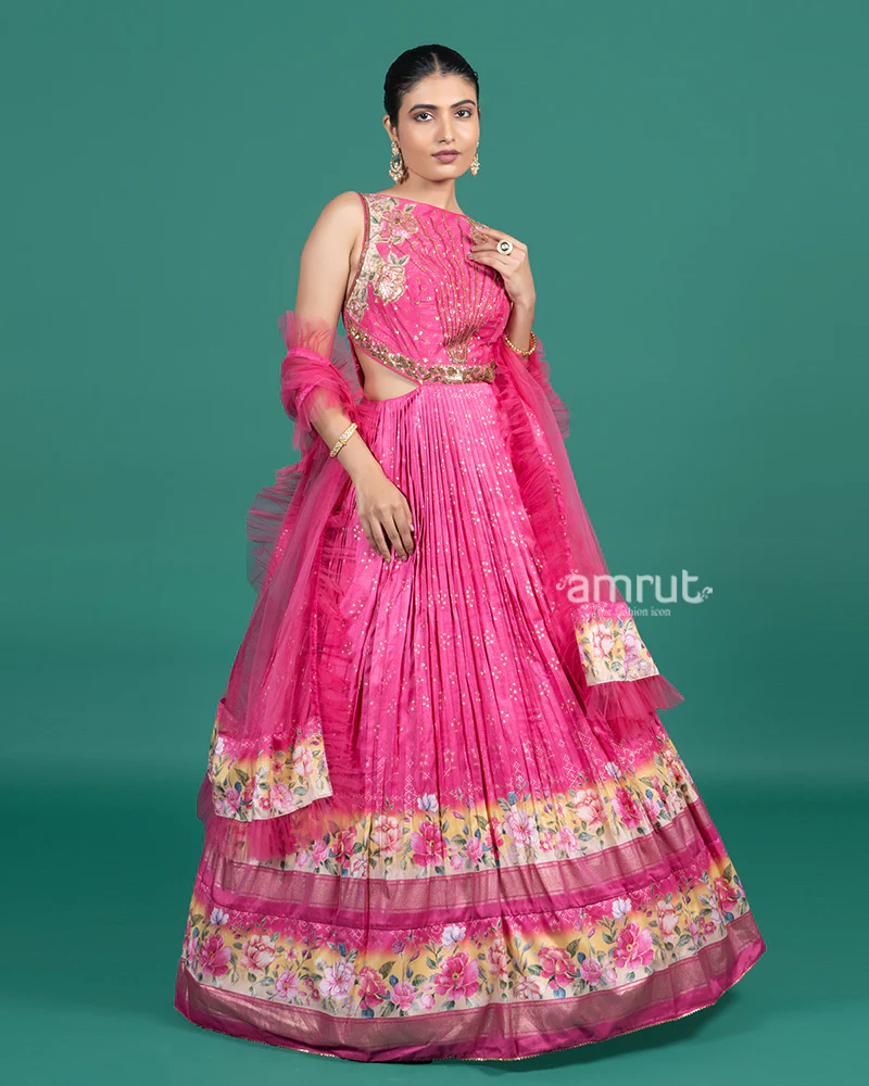 Hot Pink Embroidered Gown with Floral Printed and Dupatta - Image 4