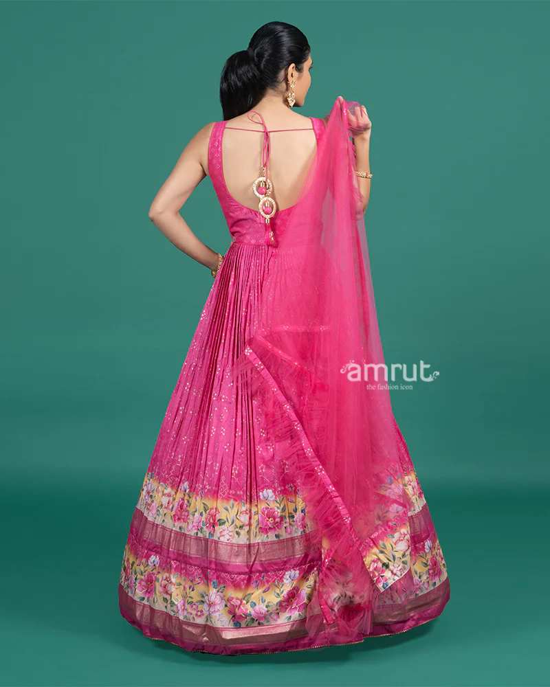 Hot Pink Embroidered Gown with Floral Printed and Dupatta - Image 5