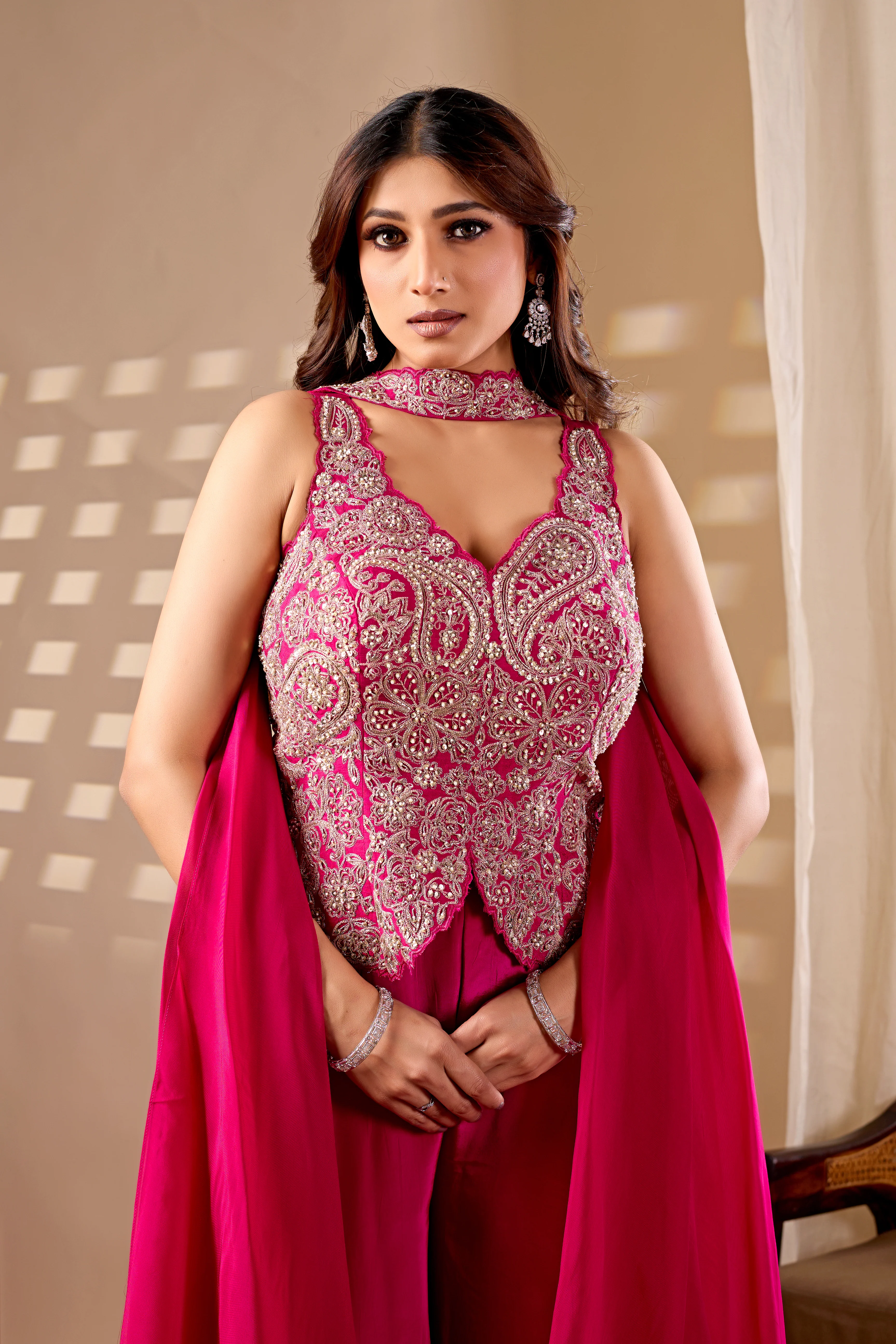 Hot Pink Embroidered Indo-Western Palazzo Set with Cape Dupatta - Image 2
