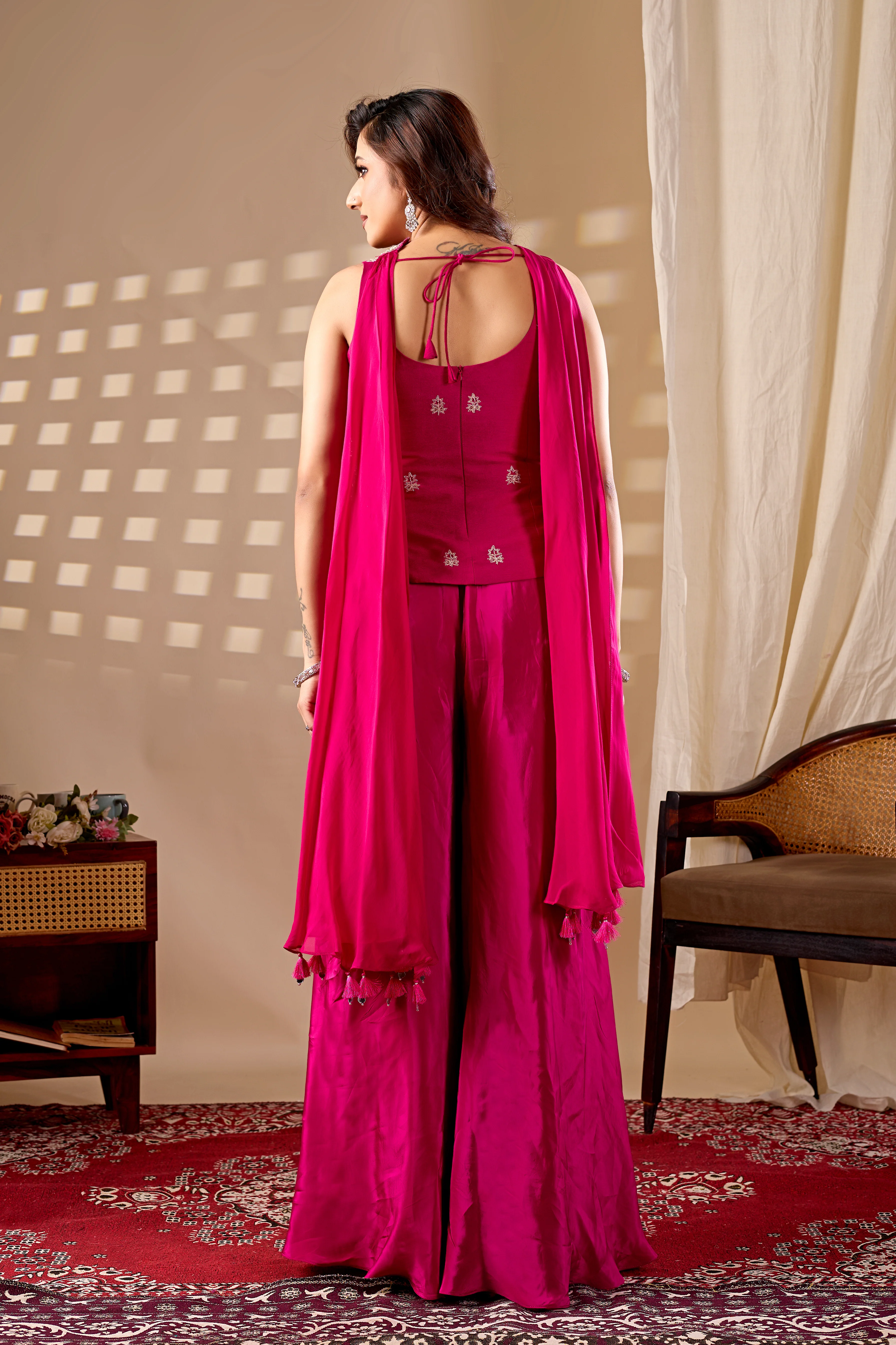 Hot Pink Embroidered Indo-Western Palazzo Set with Cape Dupatta - Image 3