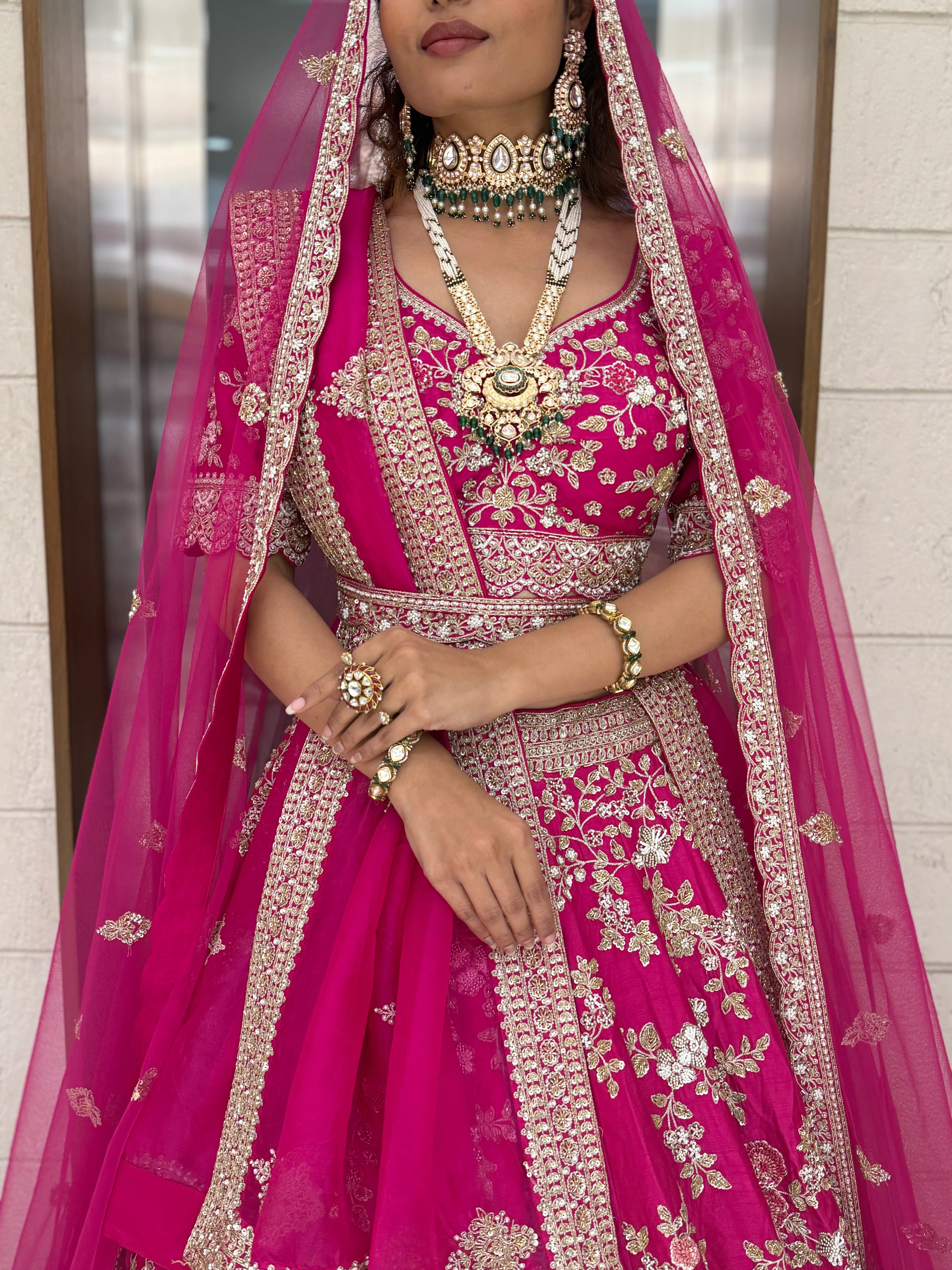 Hot Pink Heavy Hand-Embroidered Bridal Lehenga with Double Dupatta - Image 2