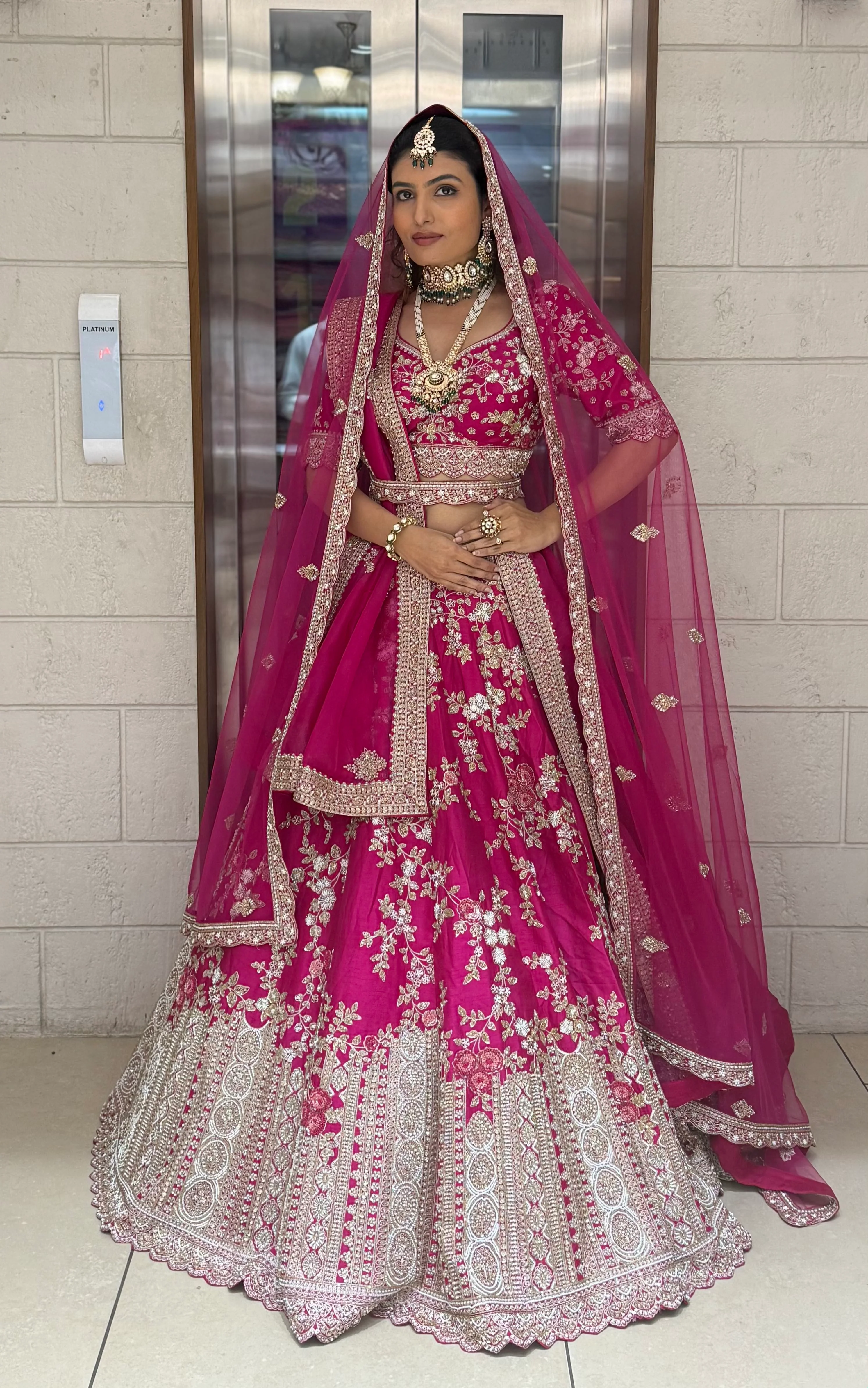 Hot Pink Heavy Hand-Embroidered Bridal Lehenga with Double Dupatta - Image 3