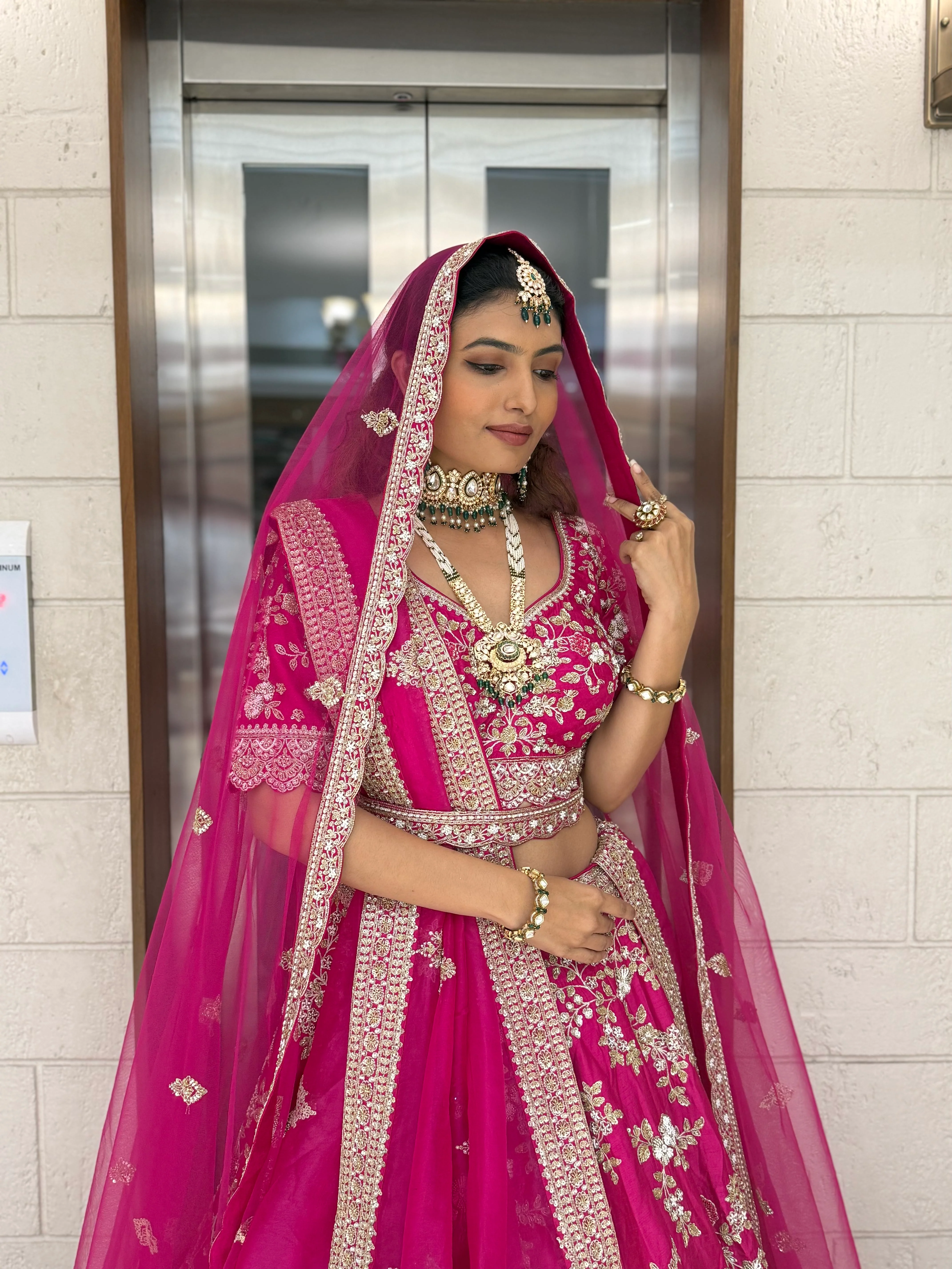 Hot Pink Heavy Hand-Embroidered Bridal Lehenga with Double Dupatta - Image 4