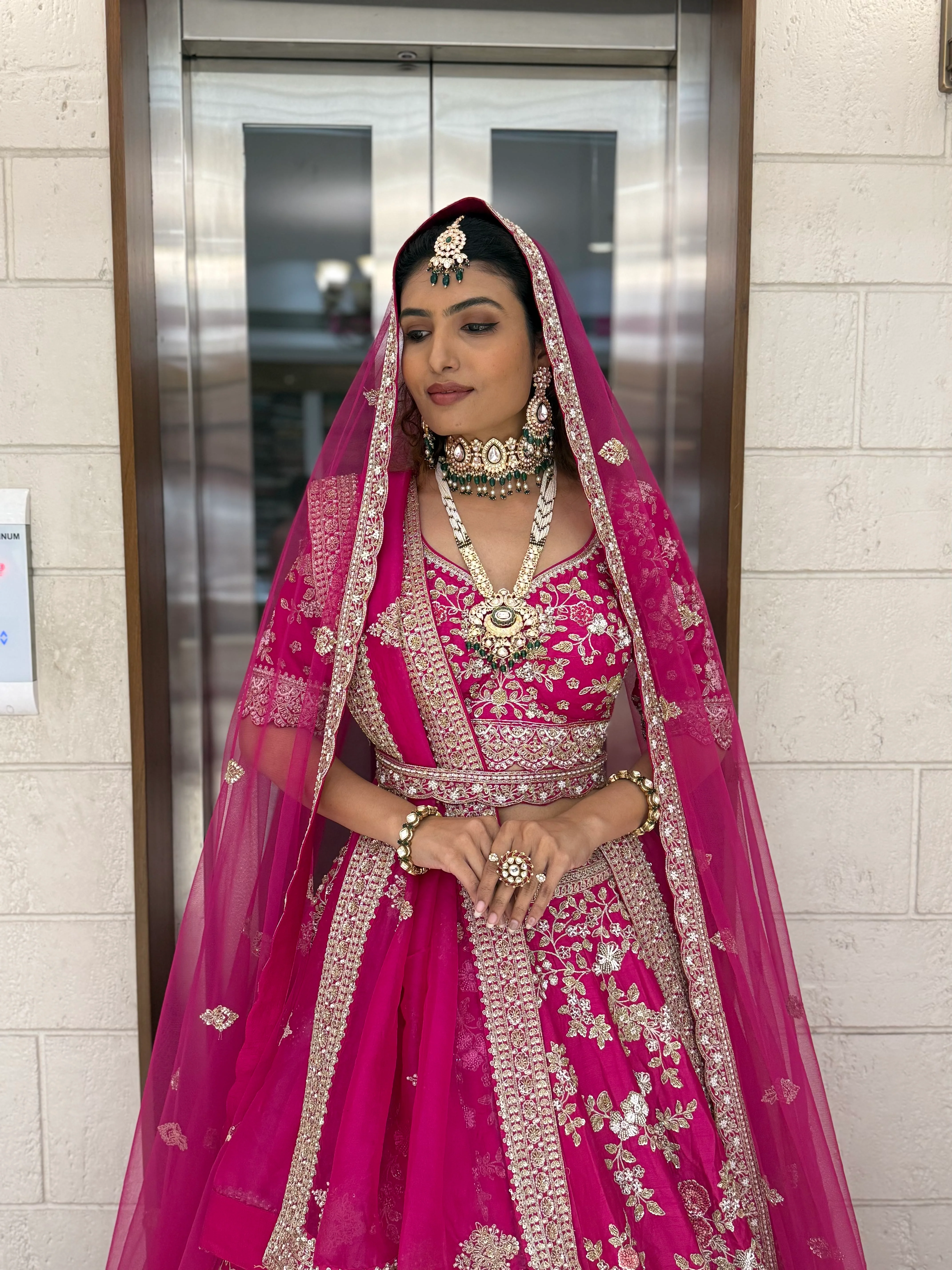 Hot Pink Heavy Hand-Embroidered Bridal Lehenga with Double Dupatta - Image 5