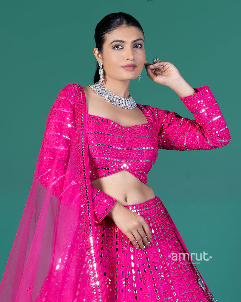 Hot Pink Mirror Embellished Lehenga Choli with Dupatta - Image 2