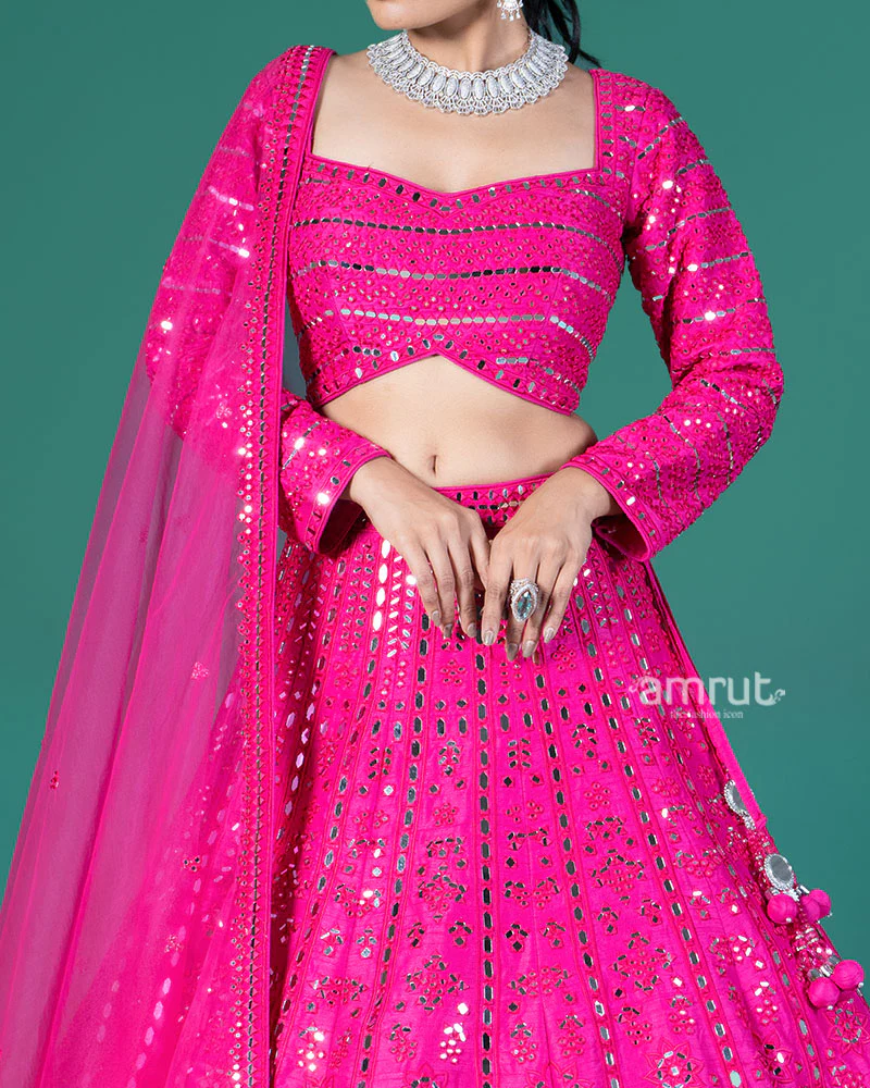 Hot Pink Mirror Embellished Lehenga Choli with Dupatta - Image 3